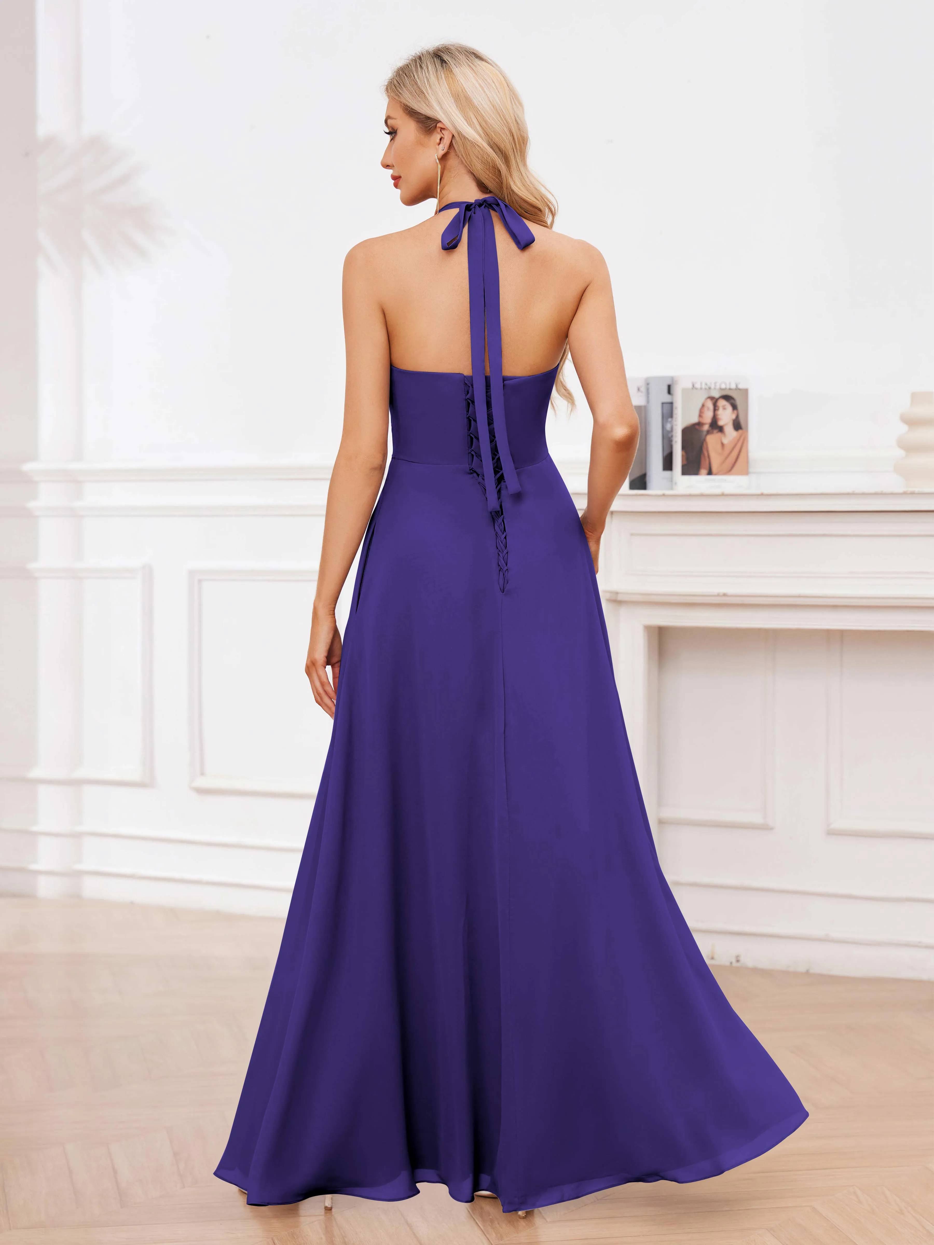 Lennox Stylish Halter Ruffles Floor Length Chiffon Bridesmaid Dresses