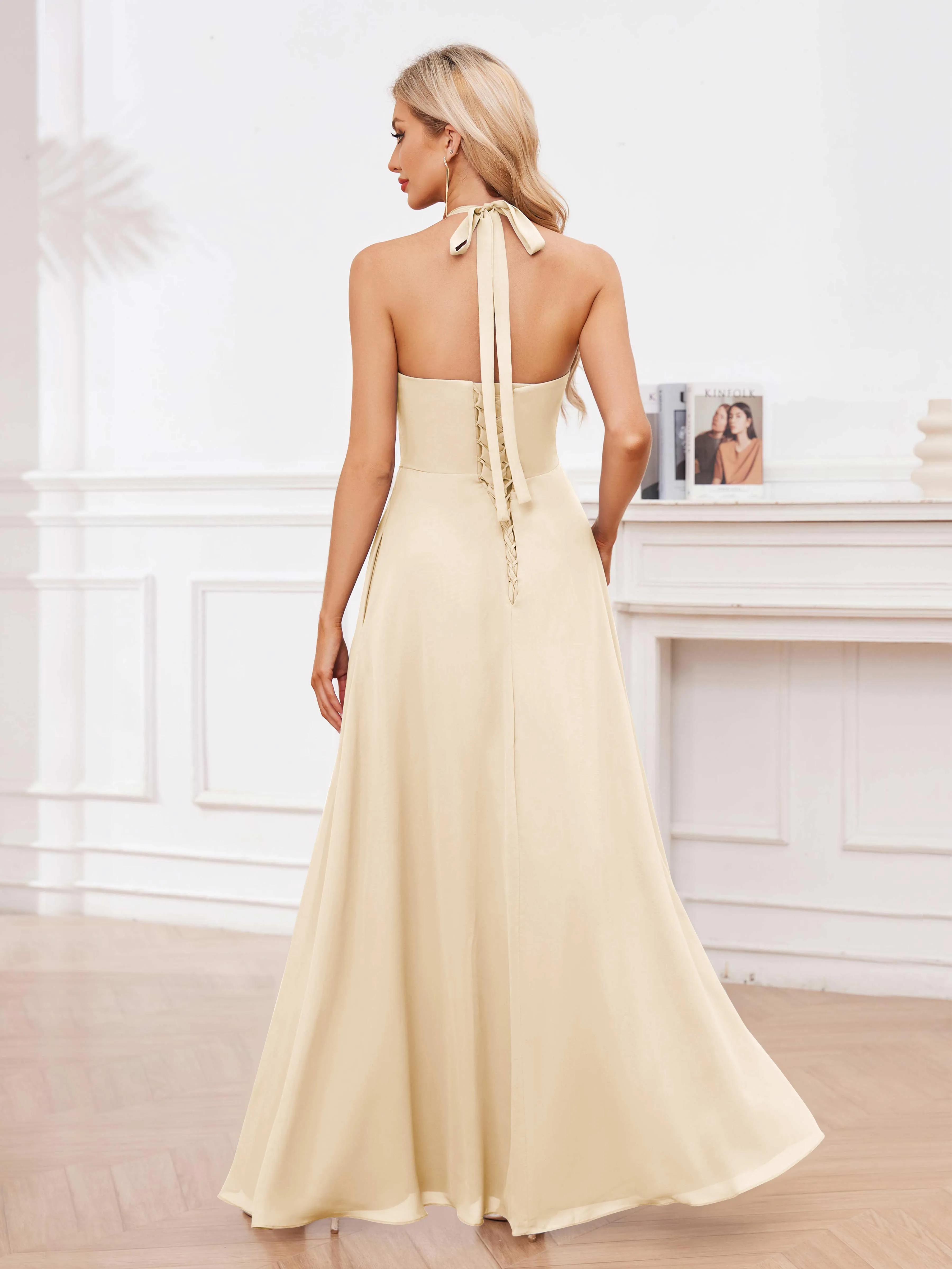 Lennox Stylish Halter Ruffles Floor Length Chiffon Bridesmaid Dresses