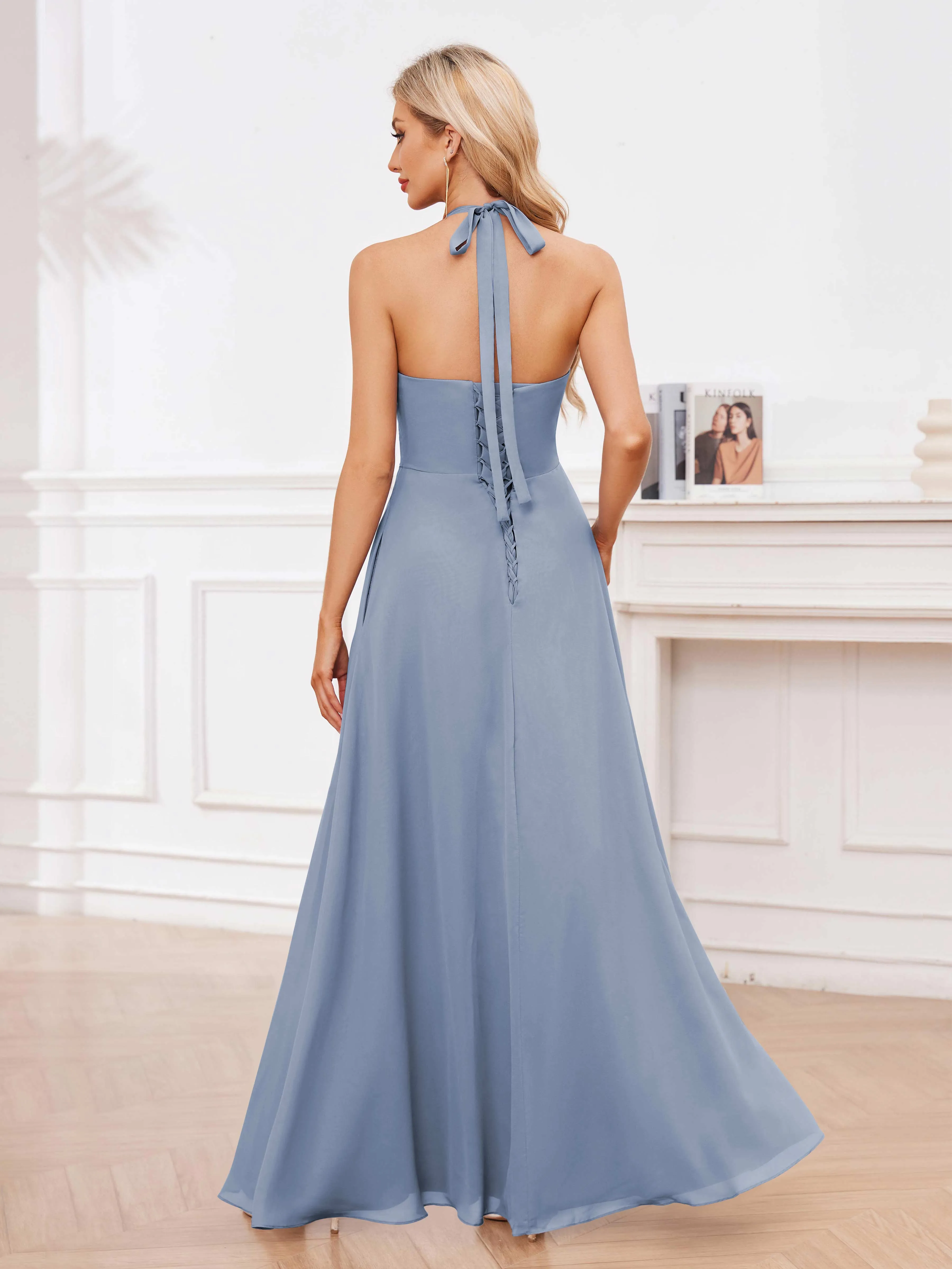 Lennox Stylish Halter Ruffles Floor Length Chiffon Bridesmaid Dresses