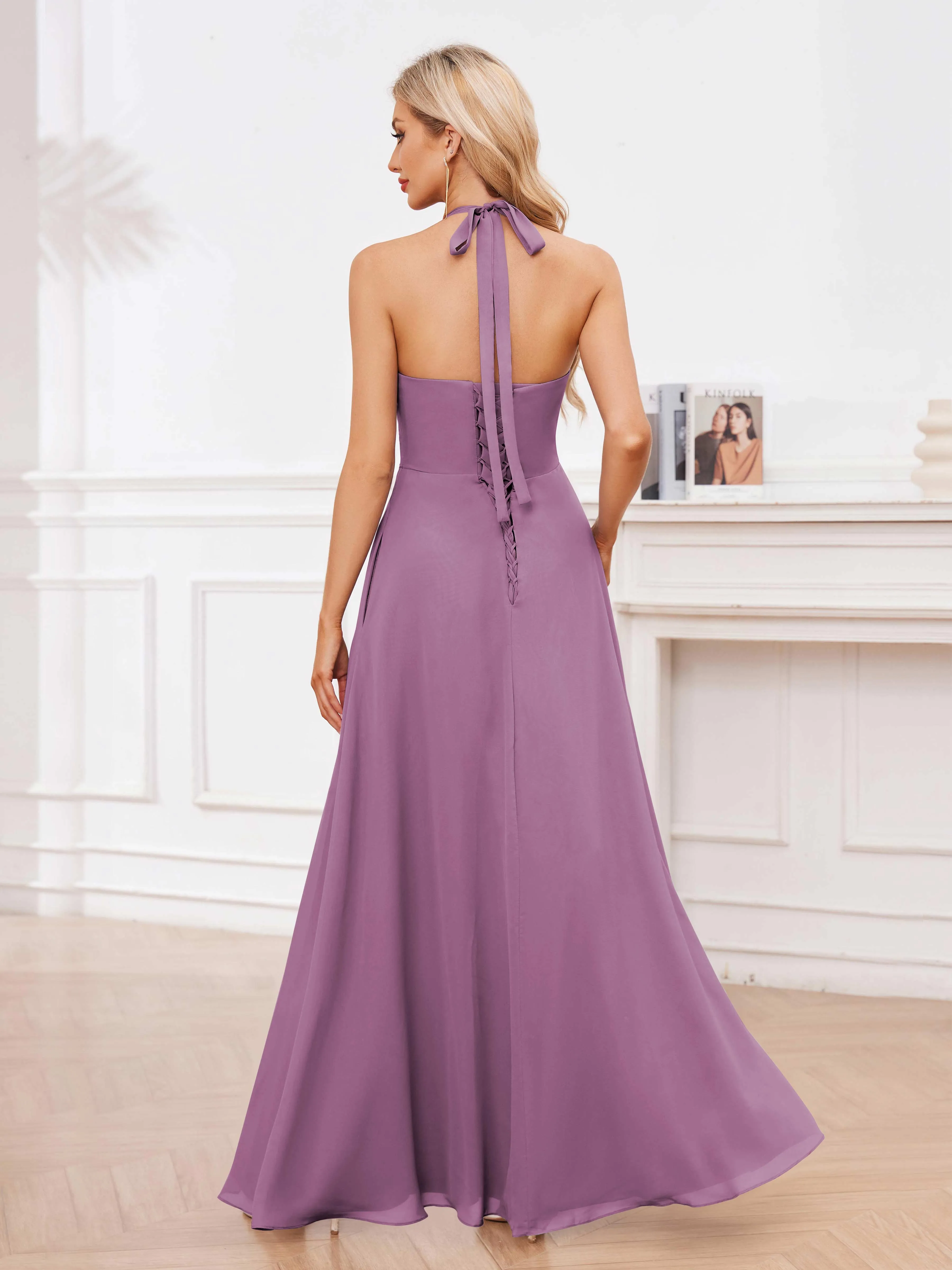 Lennox Stylish Halter Ruffles Floor Length Chiffon Bridesmaid Dresses