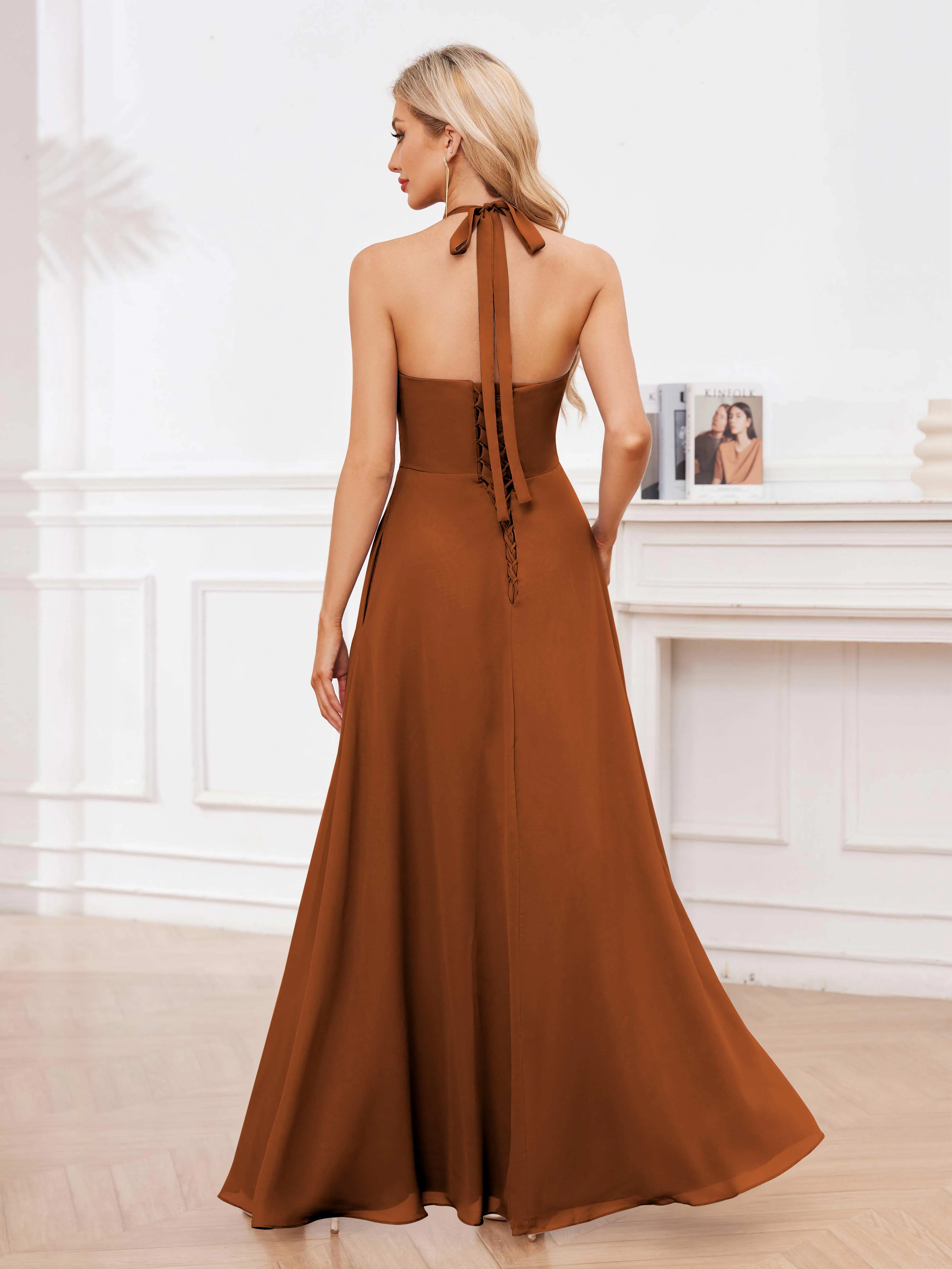 Lennox Stylish Halter Ruffles Floor Length Chiffon Bridesmaid Dresses