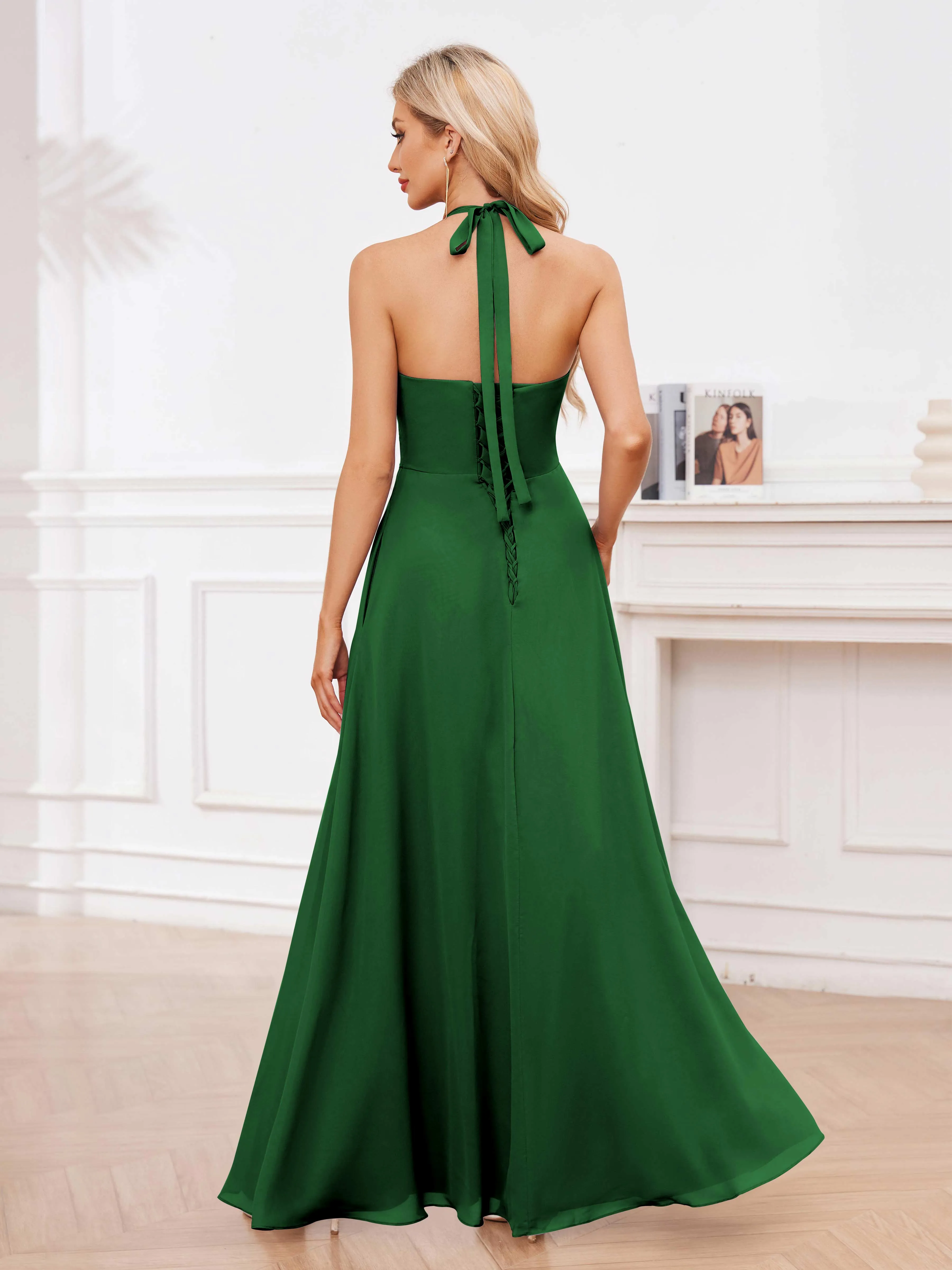 Lennox Stylish Halter Ruffles Floor Length Chiffon Bridesmaid Dresses