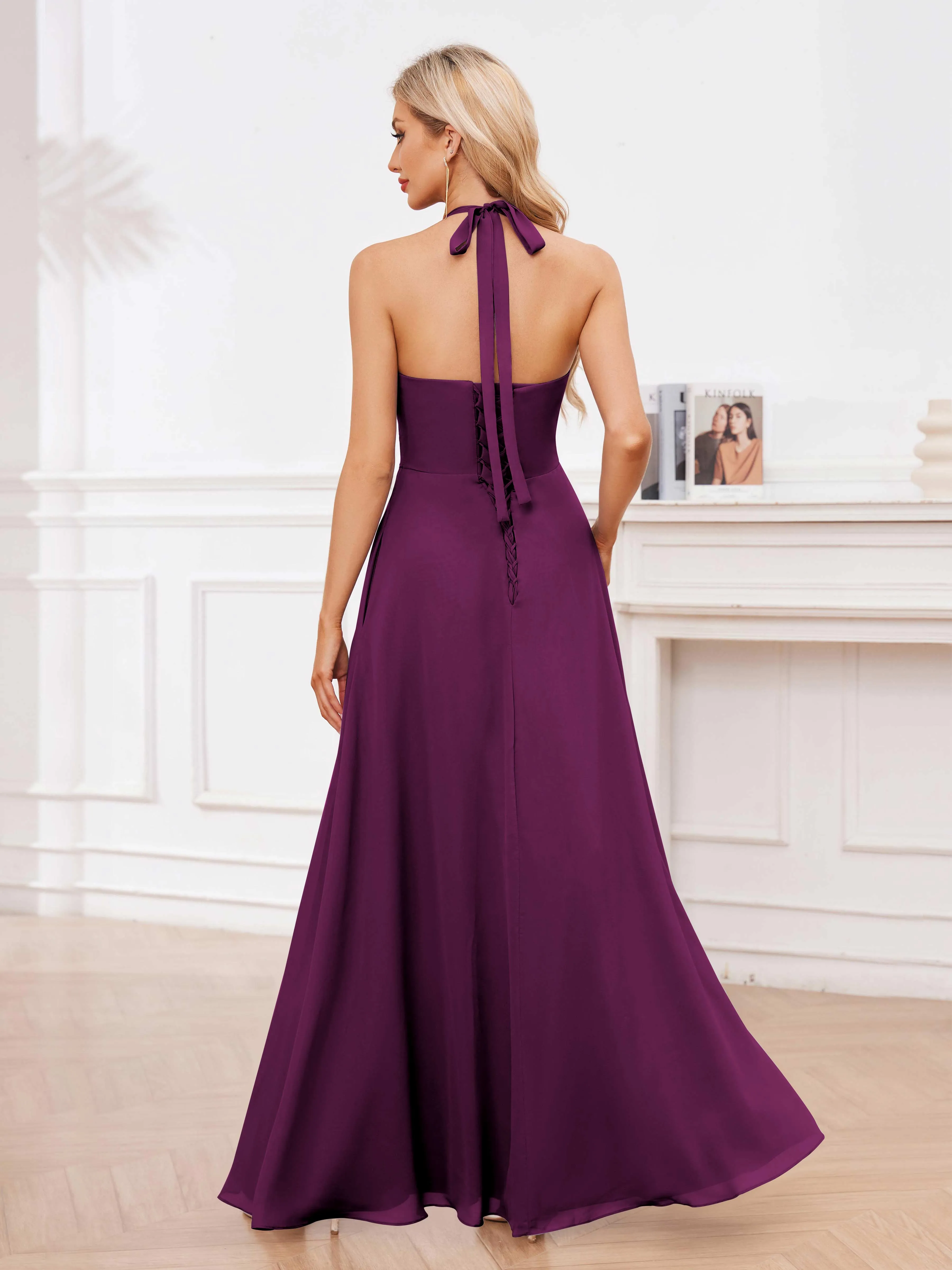 Lennox Stylish Halter Ruffles Floor Length Chiffon Bridesmaid Dresses