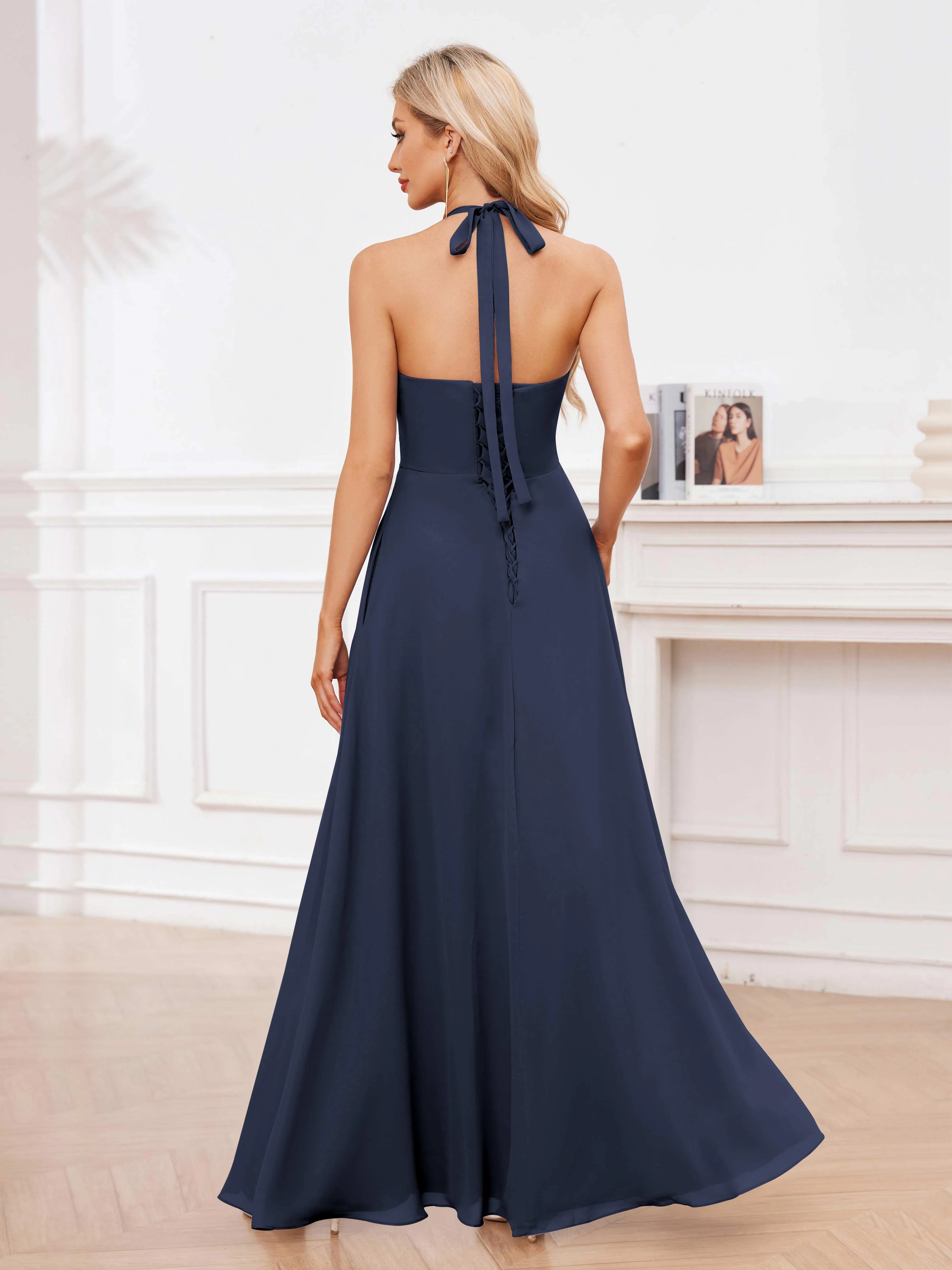 Lennox Stylish Halter Ruffles Floor Length Chiffon Bridesmaid Dresses