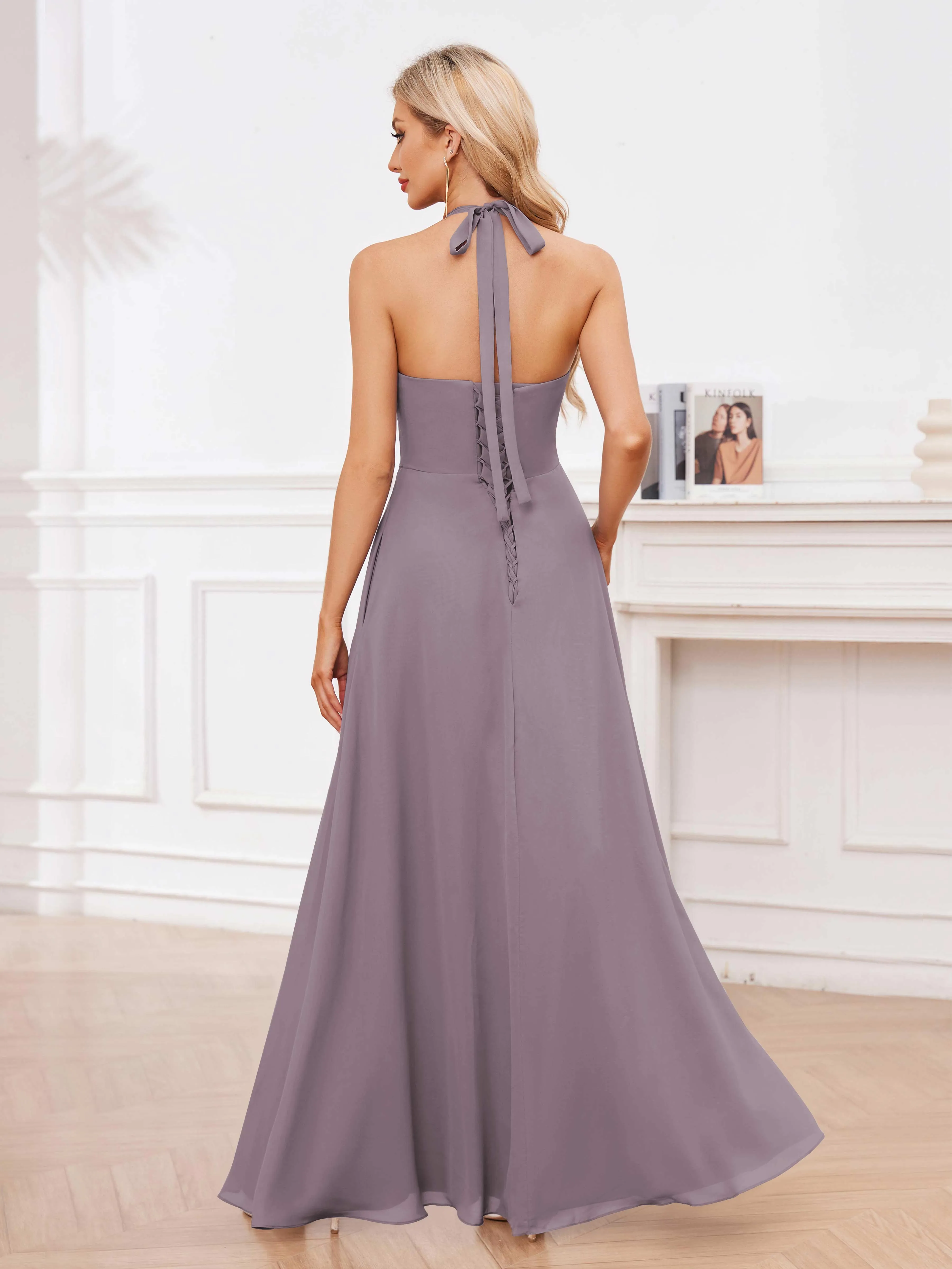 Lennox Stylish Halter Ruffles Floor Length Chiffon Bridesmaid Dresses