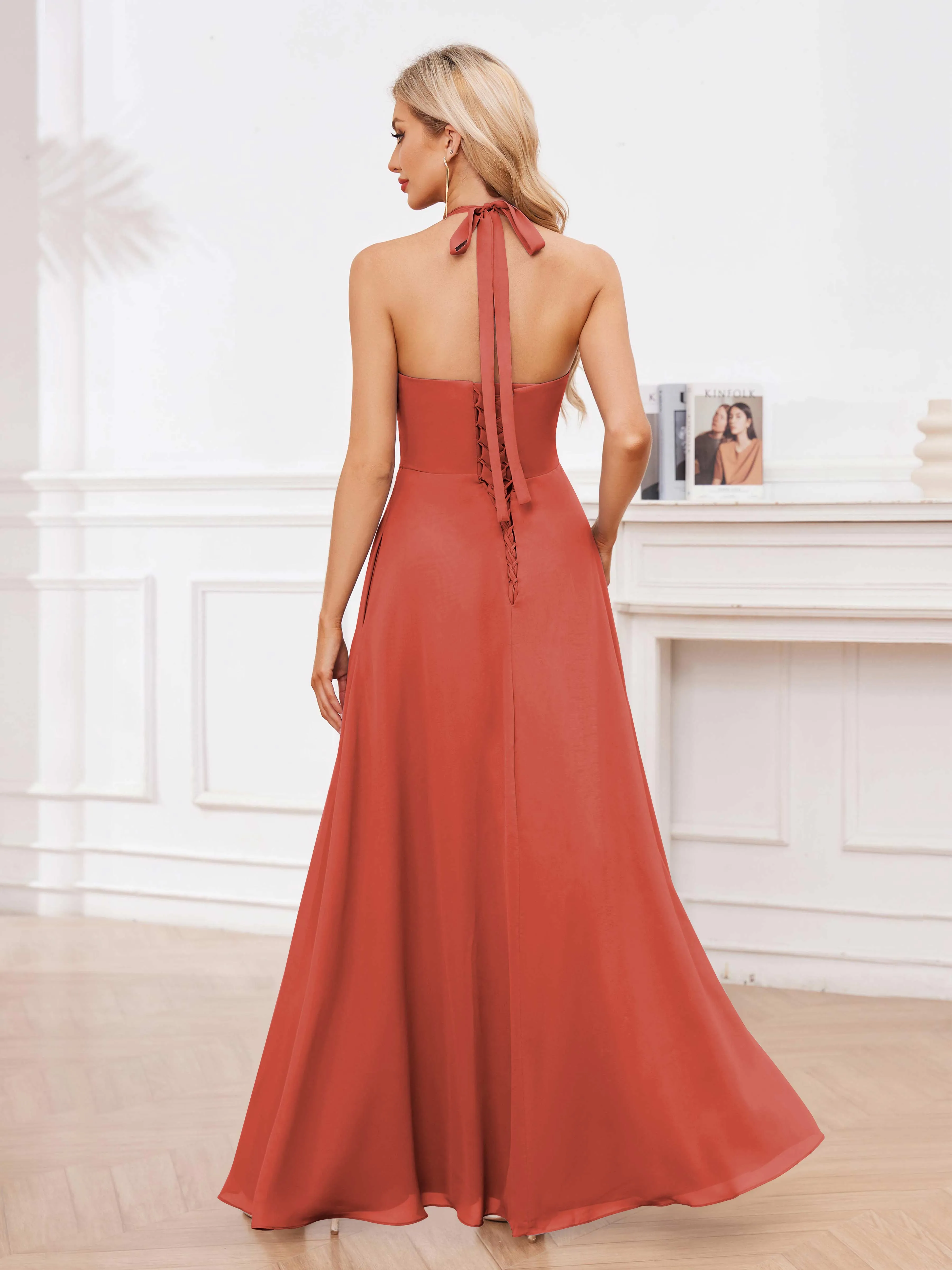 Lennox Stylish Halter Ruffles Floor Length Chiffon Bridesmaid Dresses