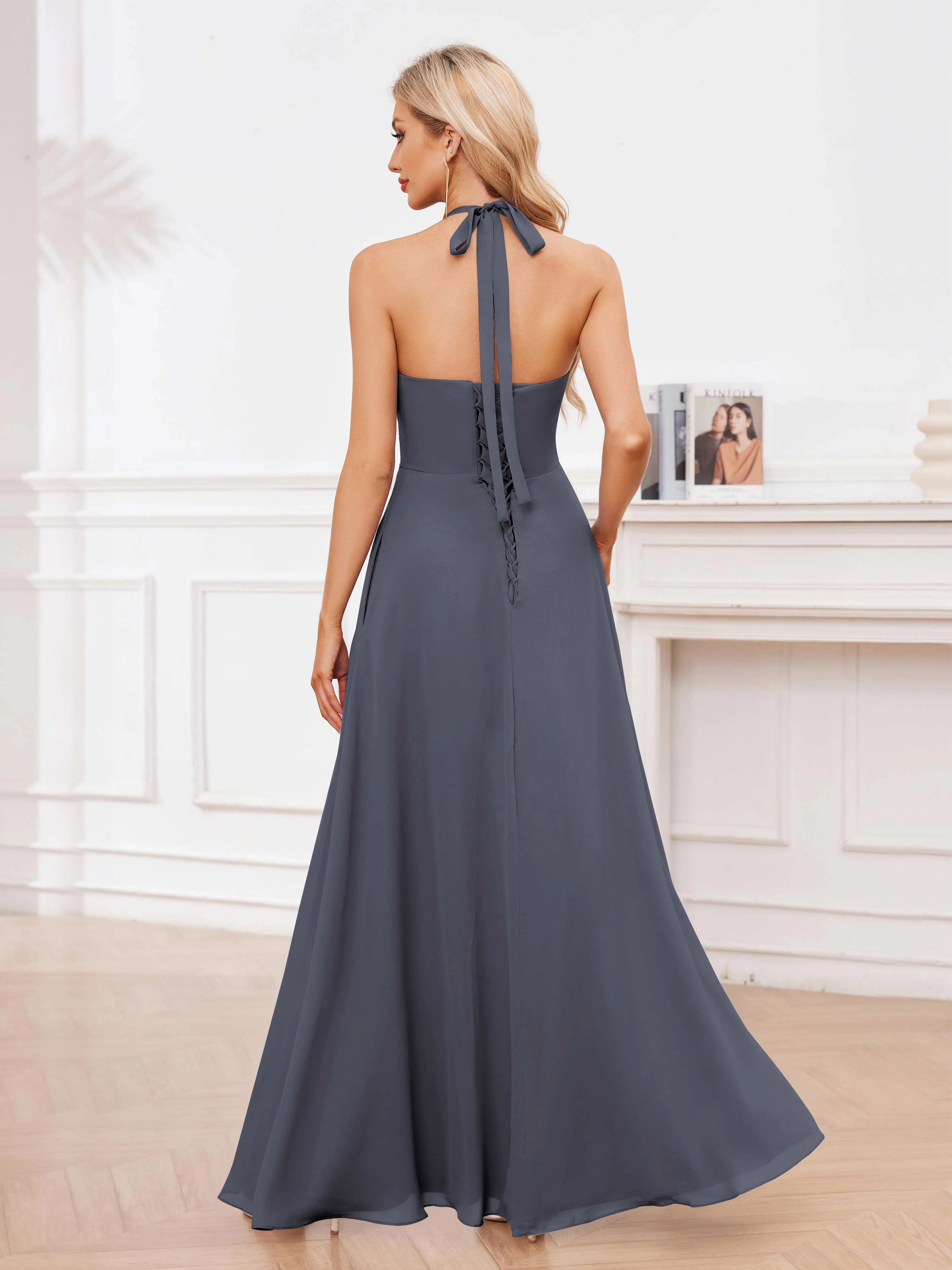 Lennox Stylish Halter Ruffles Floor Length Chiffon Bridesmaid Dresses