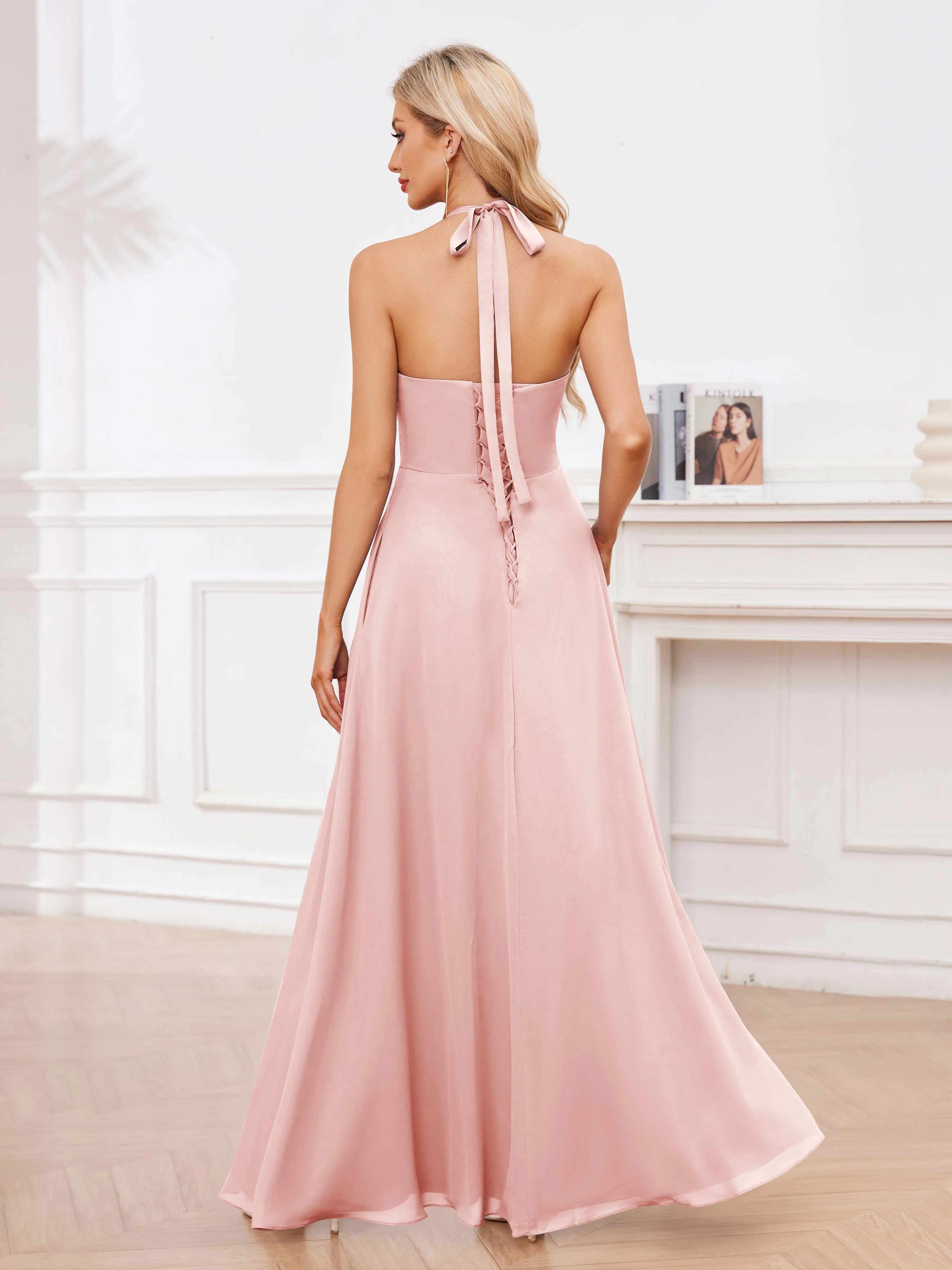 Lennox Stylish Halter Ruffles Floor Length Chiffon Bridesmaid Dresses