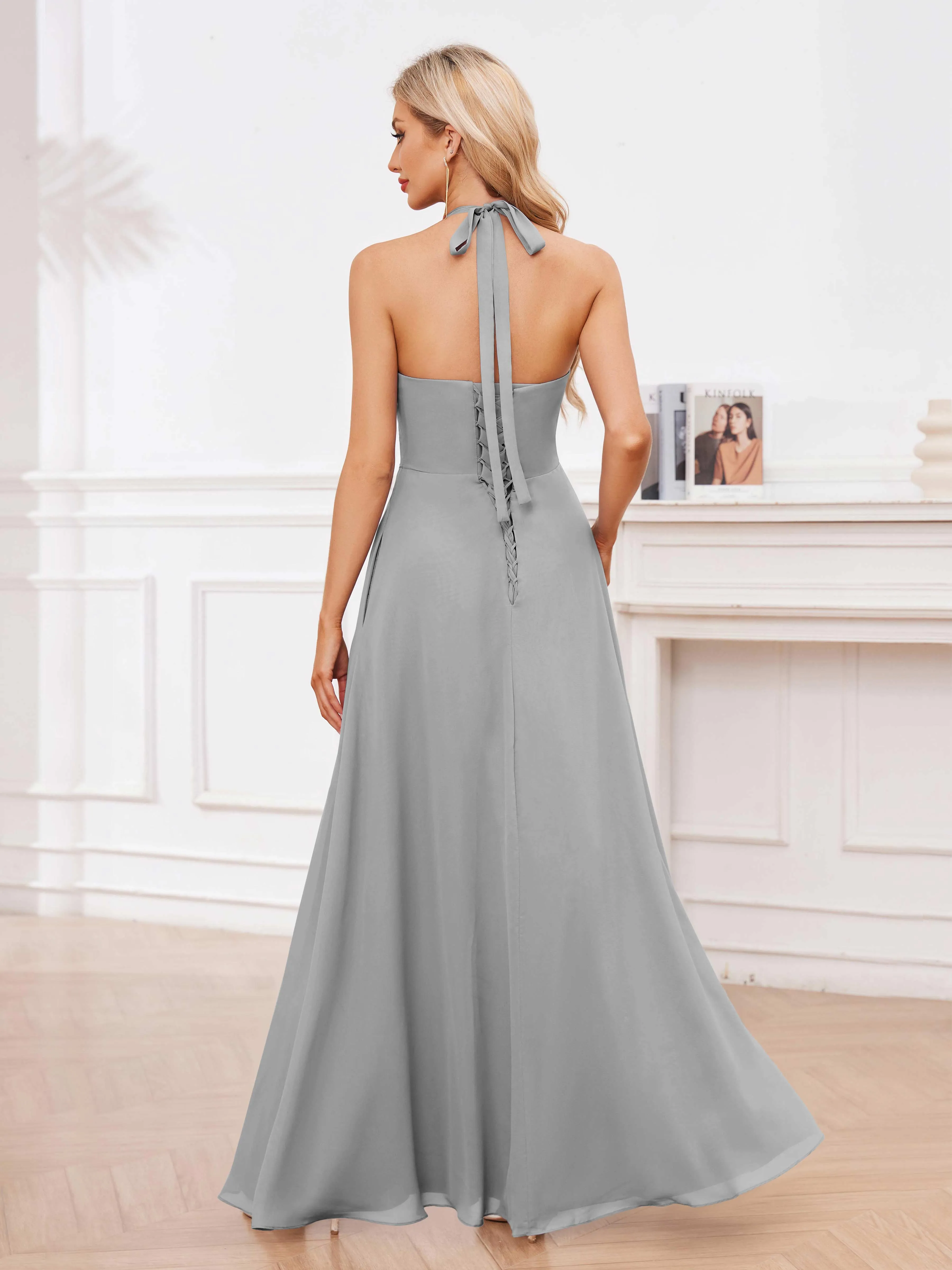 Lennox Stylish Halter Ruffles Floor Length Chiffon Bridesmaid Dresses