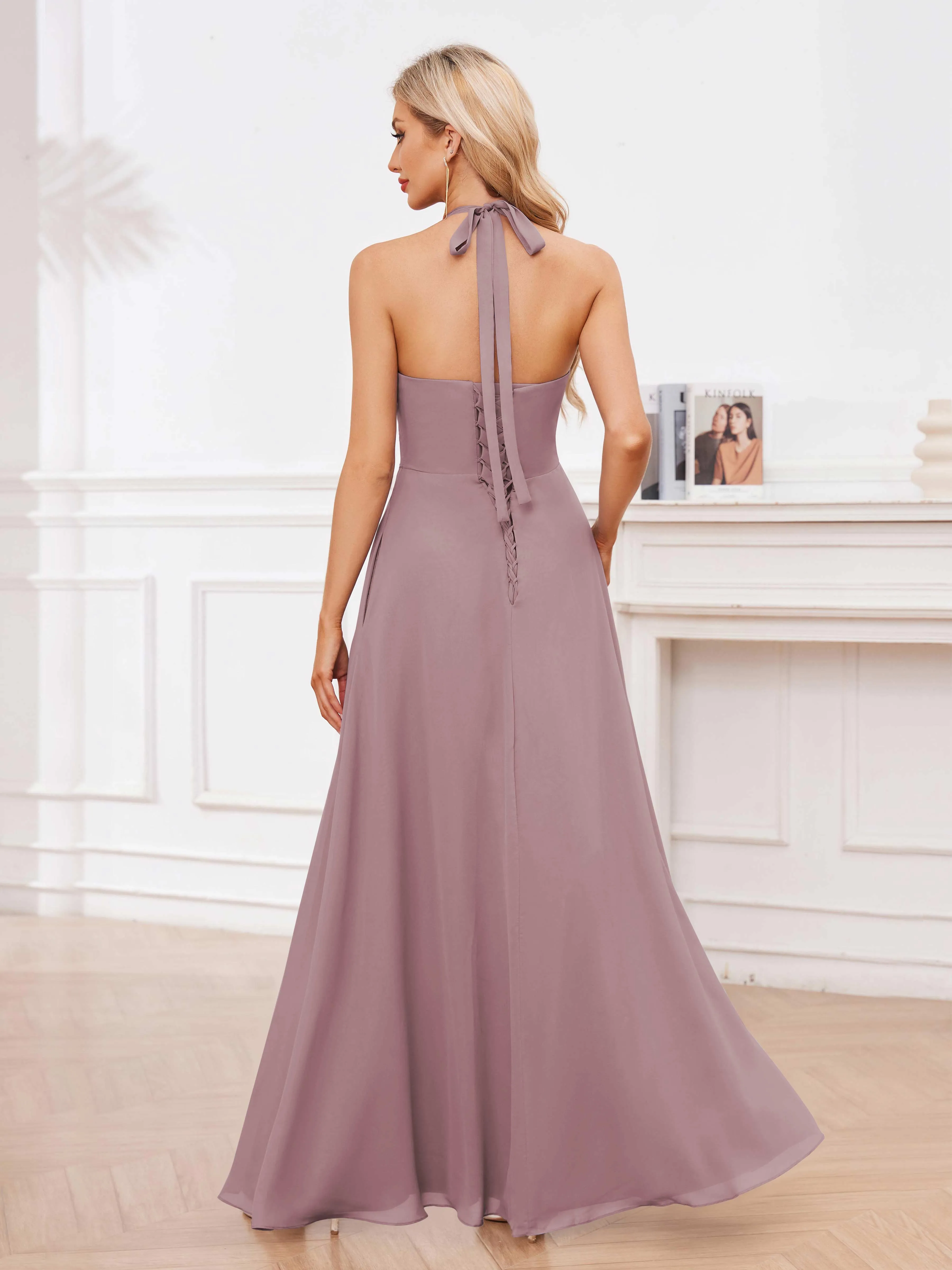 Lennox Stylish Halter Ruffles Floor Length Chiffon Bridesmaid Dresses