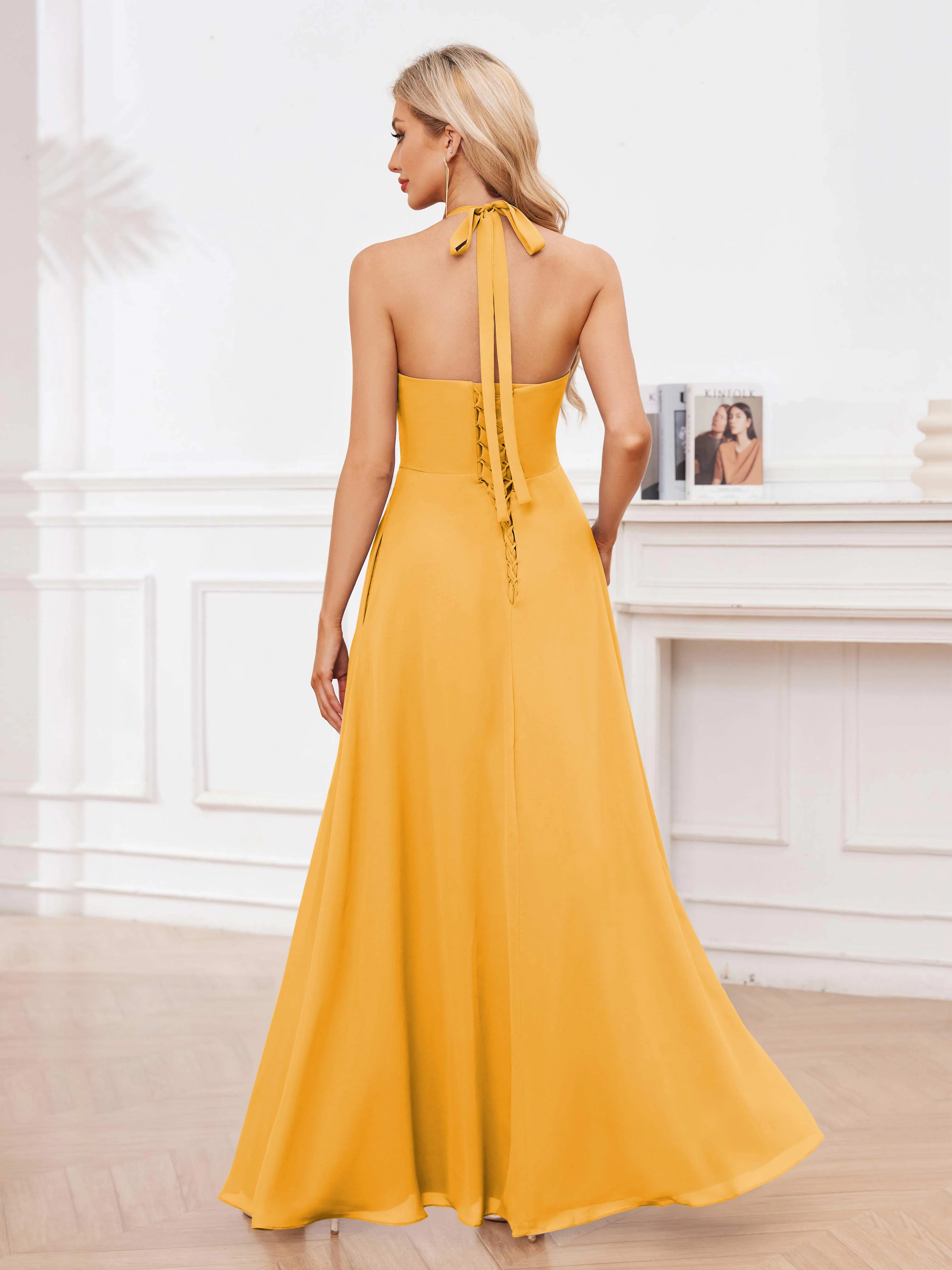 Lennox Stylish Halter Ruffles Floor Length Chiffon Bridesmaid Dresses