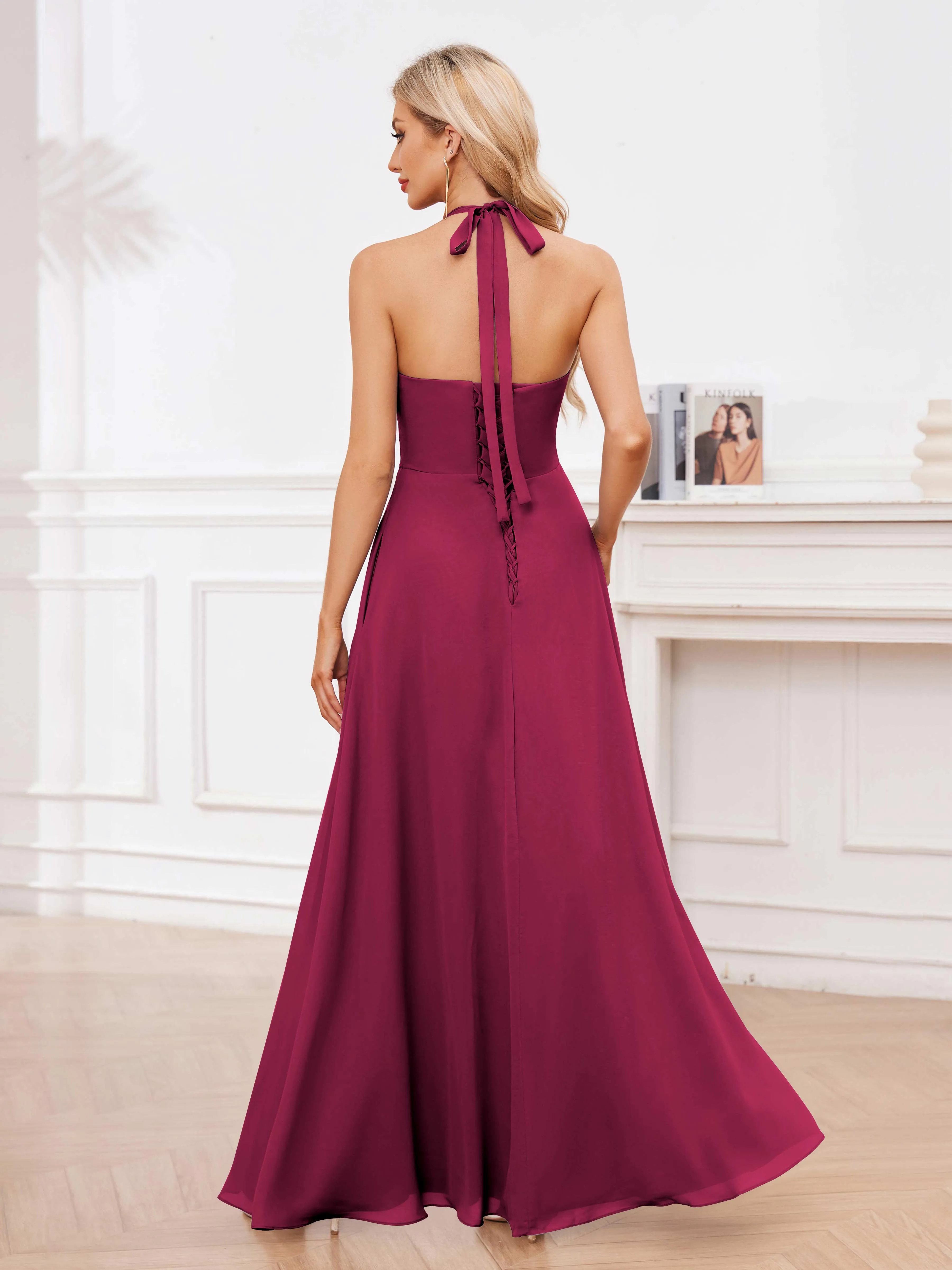 Lennox Stylish Halter Ruffles Floor Length Chiffon Bridesmaid Dresses