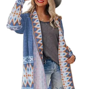 Light Blue Aztec Print Open Front Cardigan
