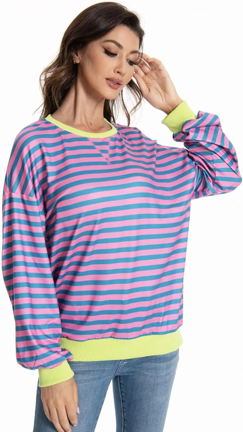 Long Sleeve Striped Shirts for Womens Cute Trendy Fall Crewneck Casual Loose Sweatshirt Color Block T-Shirt