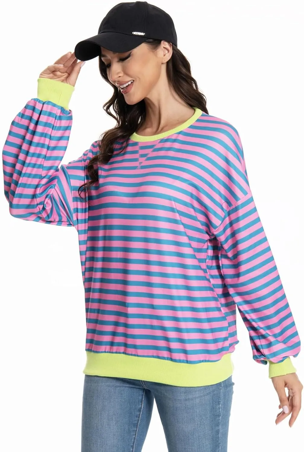 Long Sleeve Striped Shirts for Womens Cute Trendy Fall Crewneck Casual Loose Sweatshirt Color Block T-Shirt