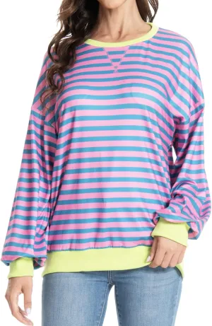 Long Sleeve Striped Shirts for Womens Cute Trendy Fall Crewneck Casual Loose Sweatshirt Color Block T-Shirt