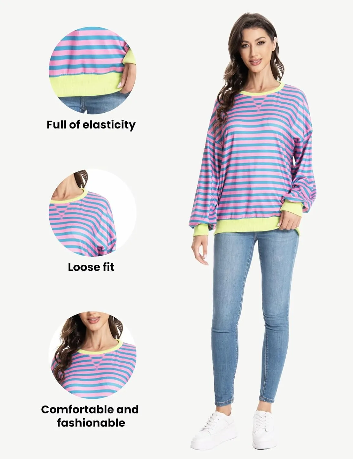 Long Sleeve Striped Shirts for Womens Cute Trendy Fall Crewneck Casual Loose Sweatshirt Color Block T-Shirt