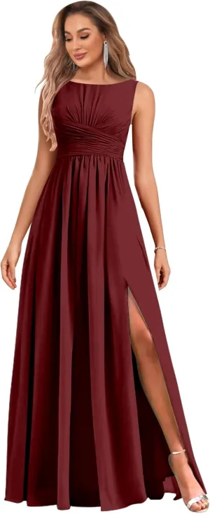 MAGGCIF Chiffon Bridesmaid Dresses Long for Women with Slit A Line Ruched Formal Evening Gowns