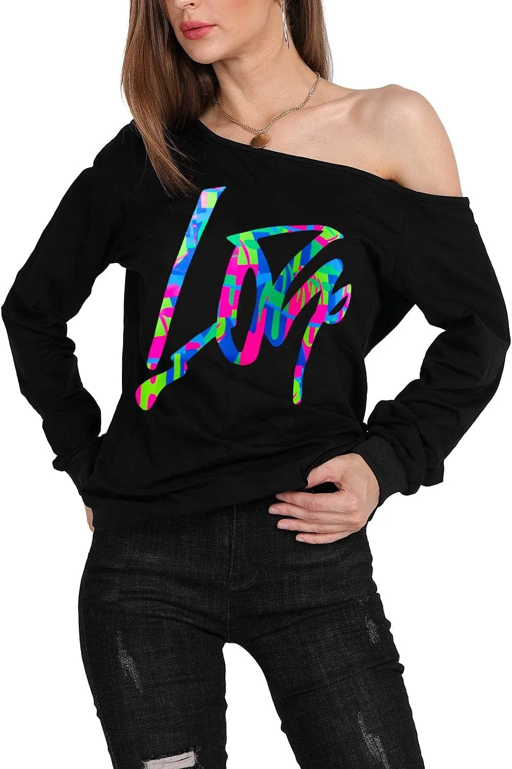 MAGICMK Womans Sweatershirt Lips Print Causal Blouse Off The Shoulder Long Sleeve Loose Slouchy Pullover Plus Size Tops