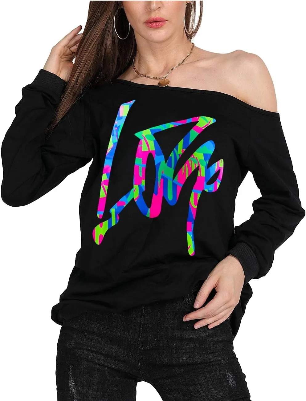 MAGICMK Womans Sweatershirt Lips Print Causal Blouse Off The Shoulder Long Sleeve Loose Slouchy Pullover Plus Size Tops