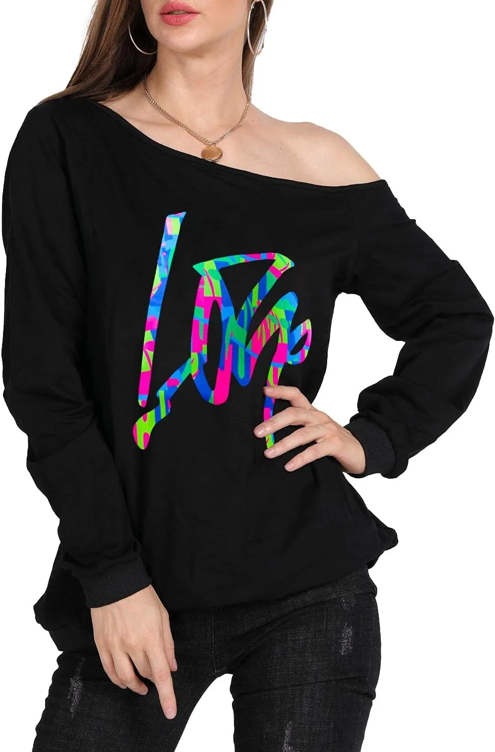MAGICMK Womans Sweatershirt Lips Print Causal Blouse Off The Shoulder Long Sleeve Loose Slouchy Pullover Plus Size Tops