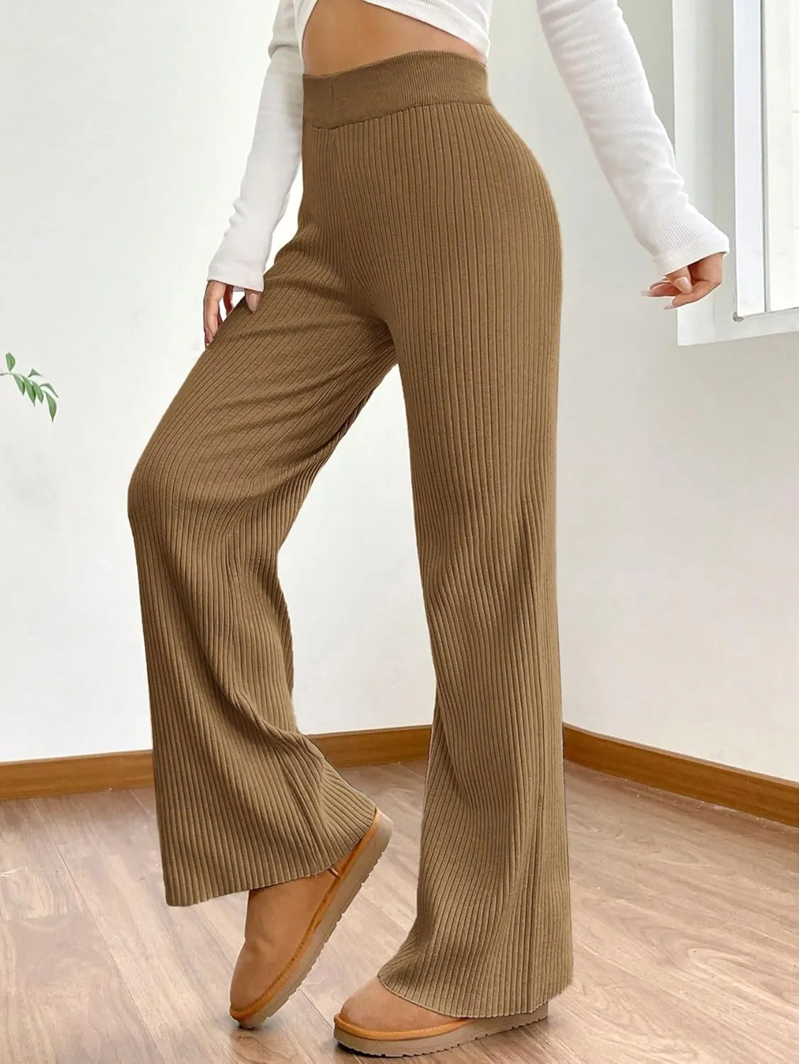 MakeMeChic Women's Wide Leg Pants Ribbed Knit High Waist Casual Lounge Pants