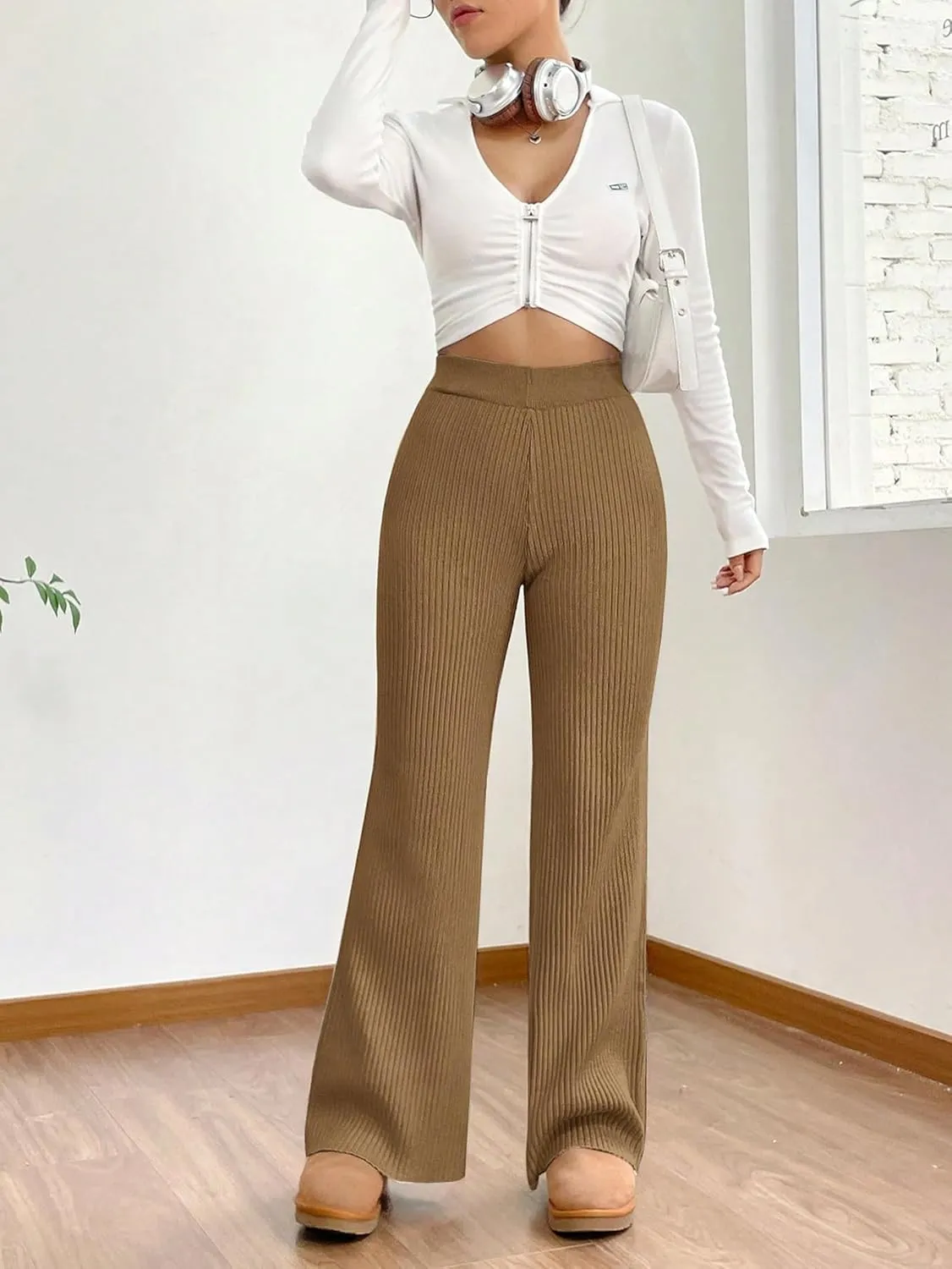 MakeMeChic Women's Wide Leg Pants Ribbed Knit High Waist Casual Lounge Pants
