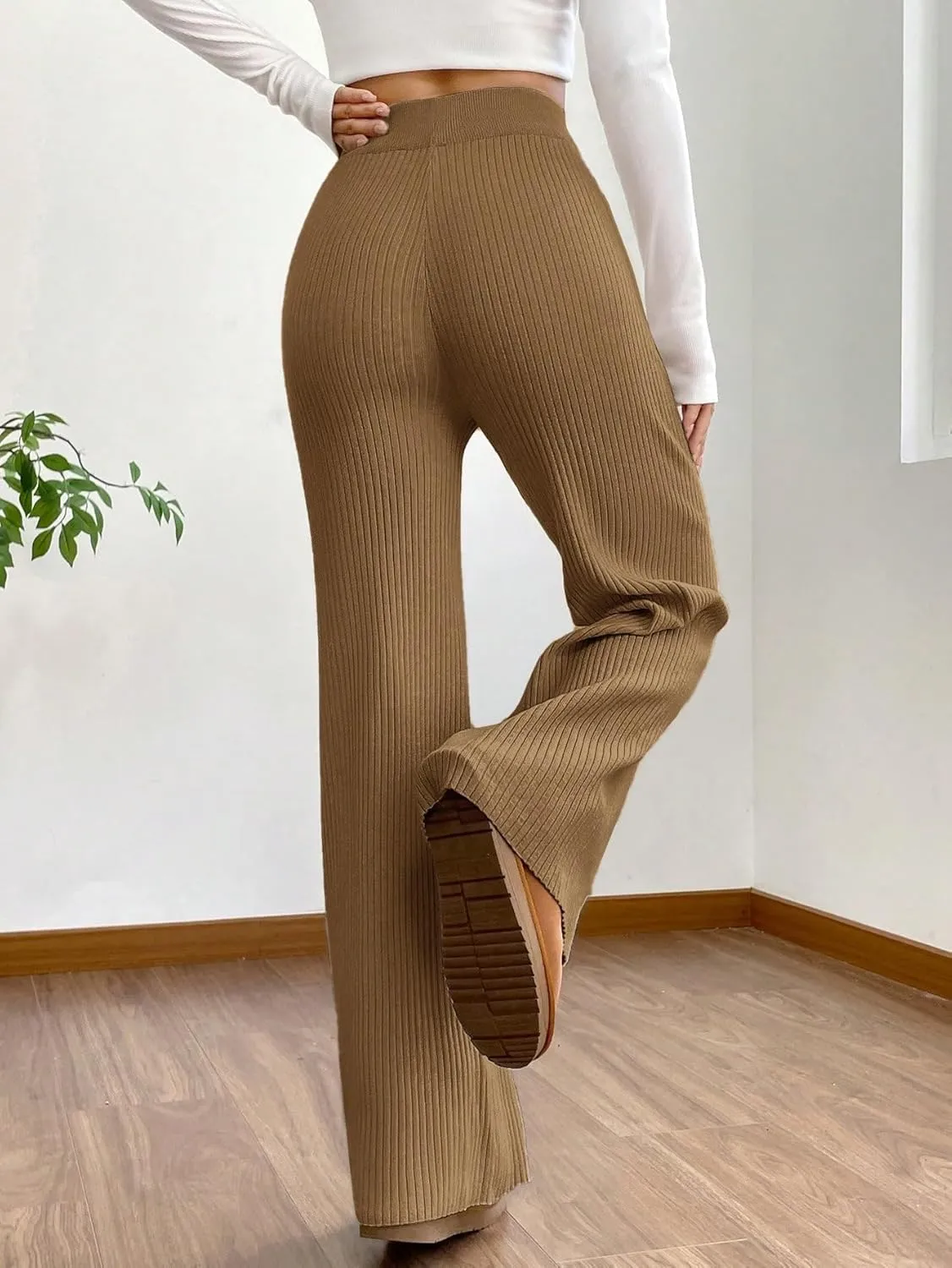 MakeMeChic Women's Wide Leg Pants Ribbed Knit High Waist Casual Lounge Pants