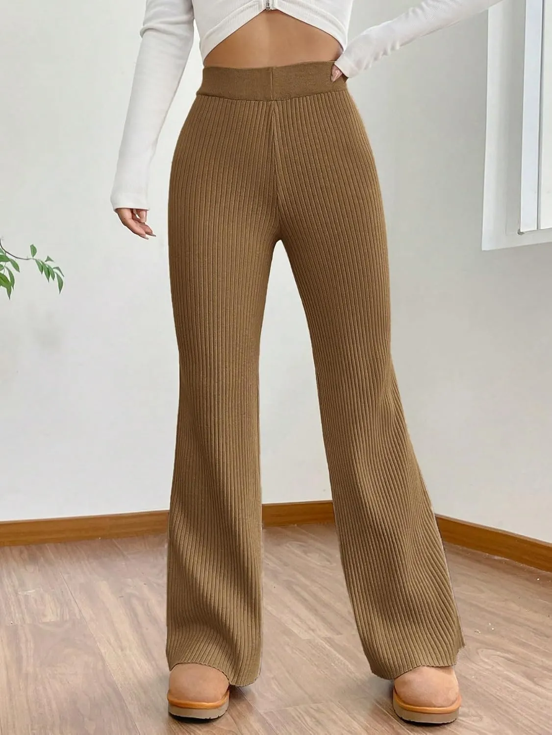 MakeMeChic Women's Wide Leg Pants Ribbed Knit High Waist Casual Lounge Pants