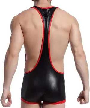 Men Wrestling Singlet Boxer Briefs Faux Leather Bodysuit Suspender Underwear