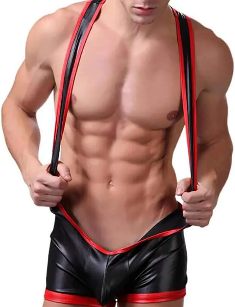 Men Wrestling Singlet Boxer Briefs Faux Leather Bodysuit Suspender Underwear
