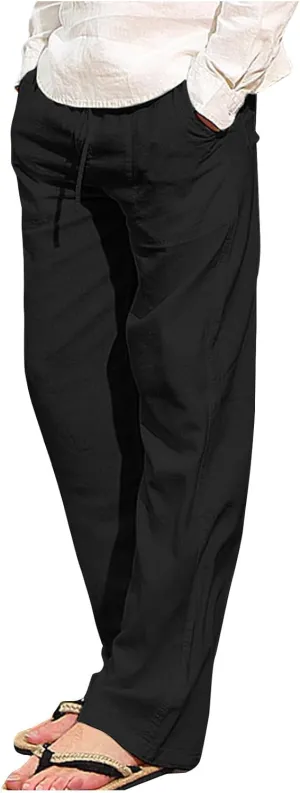 Mens Casual Linen Pants Drawstring Elastic Waist Summer Beach Pants Yoga Workout Trousers with Pockets