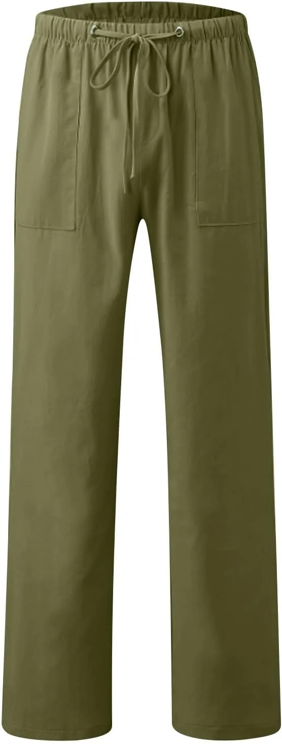 Mens Casual Linen Pants Drawstring Elastic Waist Summer Beach Pants Yoga Workout Trousers with Pockets