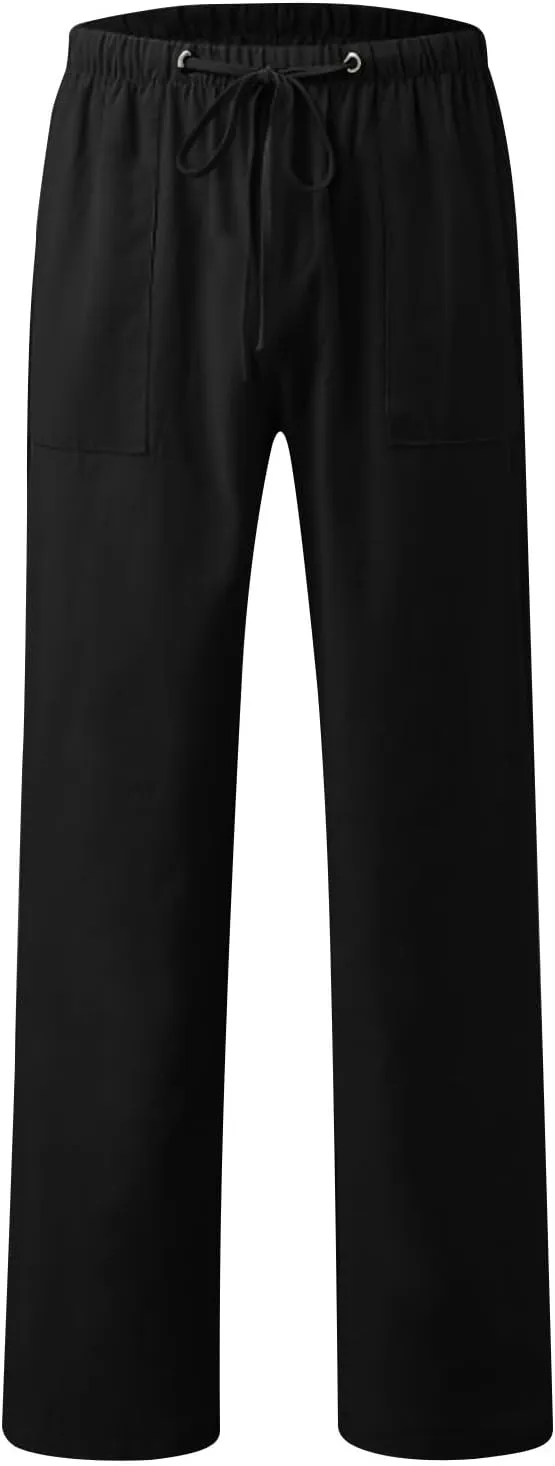 Mens Casual Linen Pants Drawstring Elastic Waist Summer Beach Pants Yoga Workout Trousers with Pockets