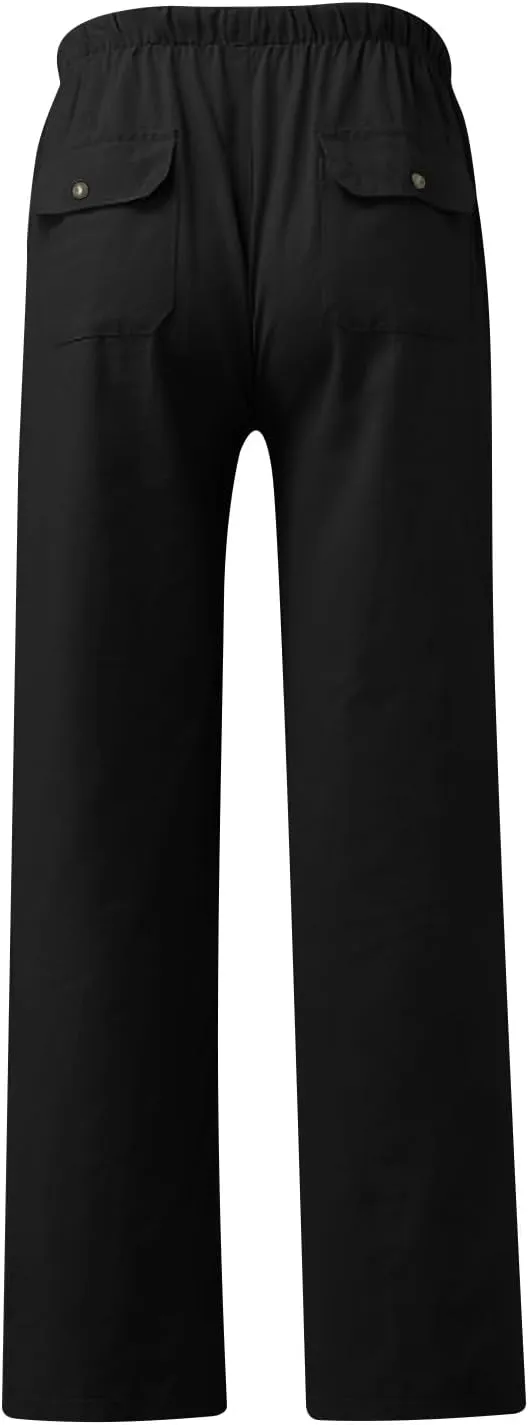 Mens Casual Linen Pants Drawstring Elastic Waist Summer Beach Pants Yoga Workout Trousers with Pockets