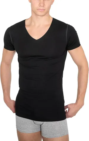 Men's Laser Cut Seamless v-Neck Undershirt Short Sleeves Stretch Cotton Black