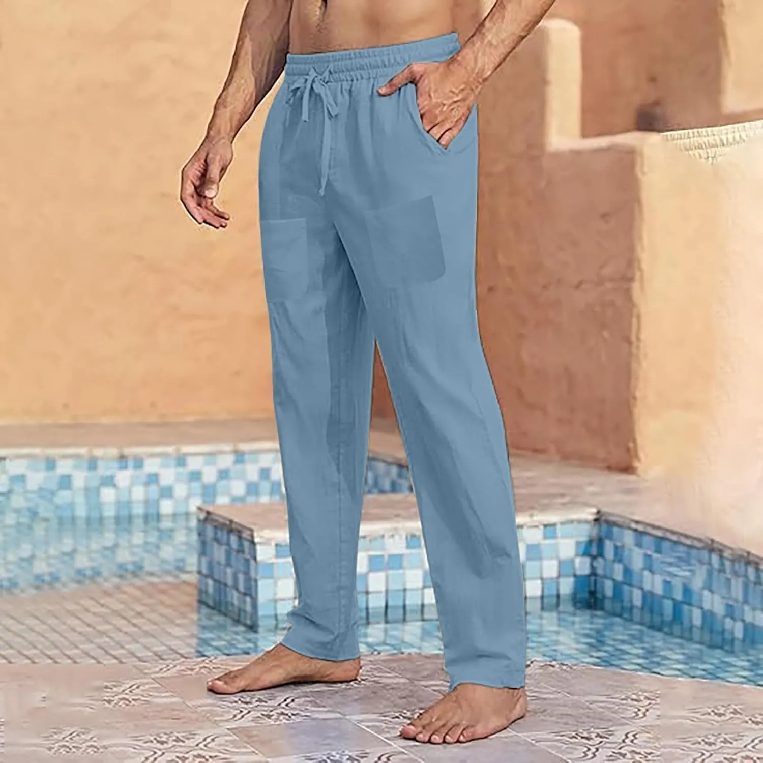 Men's Linen Pants with Pockets Lightweight Plain Casual Slacks Summer Outdoor Vacation Beach Trousers Open Bottom