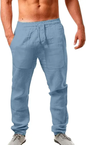 Men's Linen Pants with Pockets Lightweight Plain Casual Slacks Summer Outdoor Vacation Beach Trousers Open Bottom