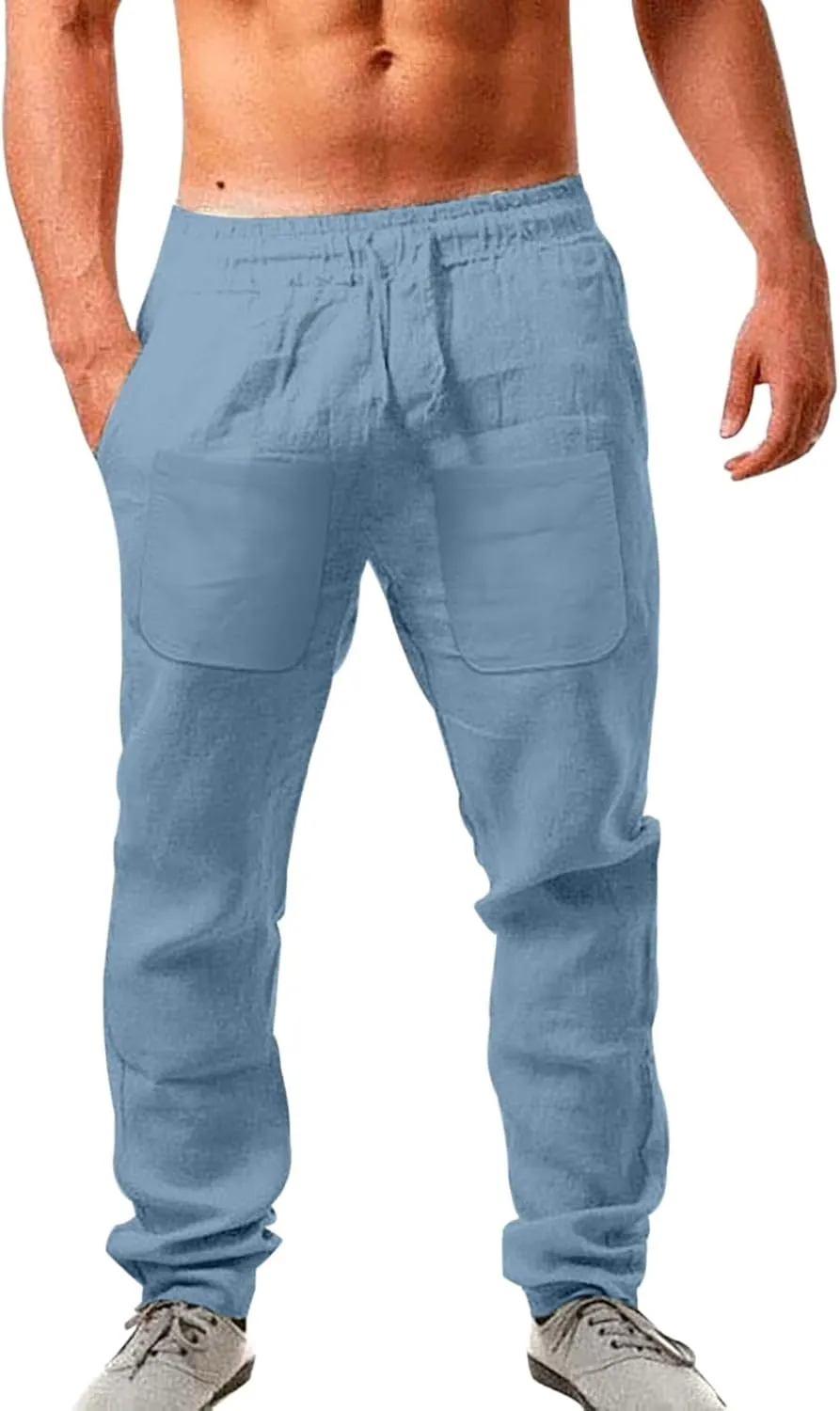 Men's Linen Pants with Pockets Lightweight Plain Casual Slacks Summer Outdoor Vacation Beach Trousers Open Bottom