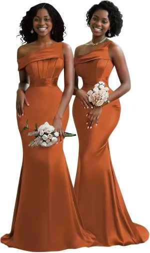 Mermaid One Shoulder Bridesmaid Dresses for Wedding Satin Pleated Long Corset Formal Evening Prom Dress