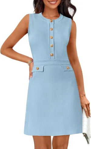 MEROKEETY Women's Formal Work Mini Dress Casual Summer Sleeveless Elegant Button Bussiness Office Outfits