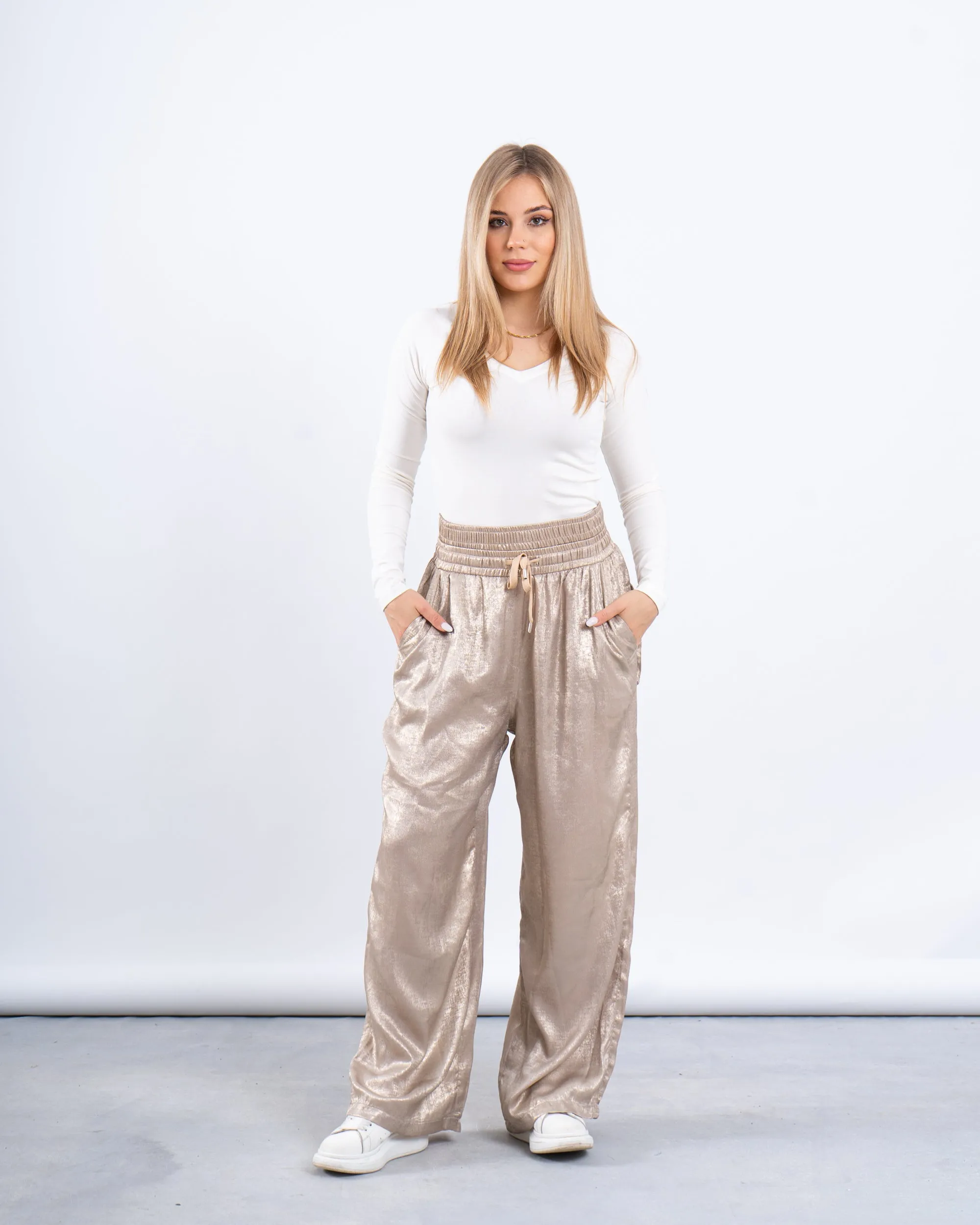 Metallic Double-Waist Wide-Leg Pants