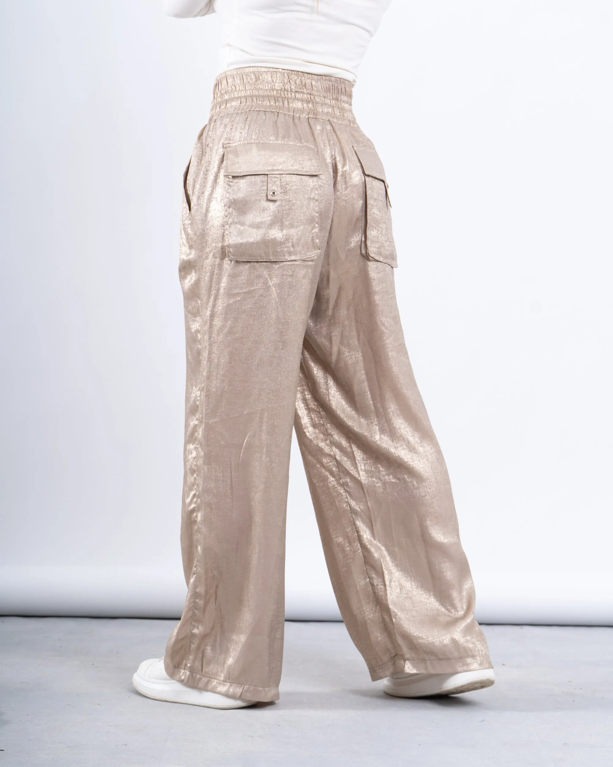 Metallic Double-Waist Wide-Leg Pants