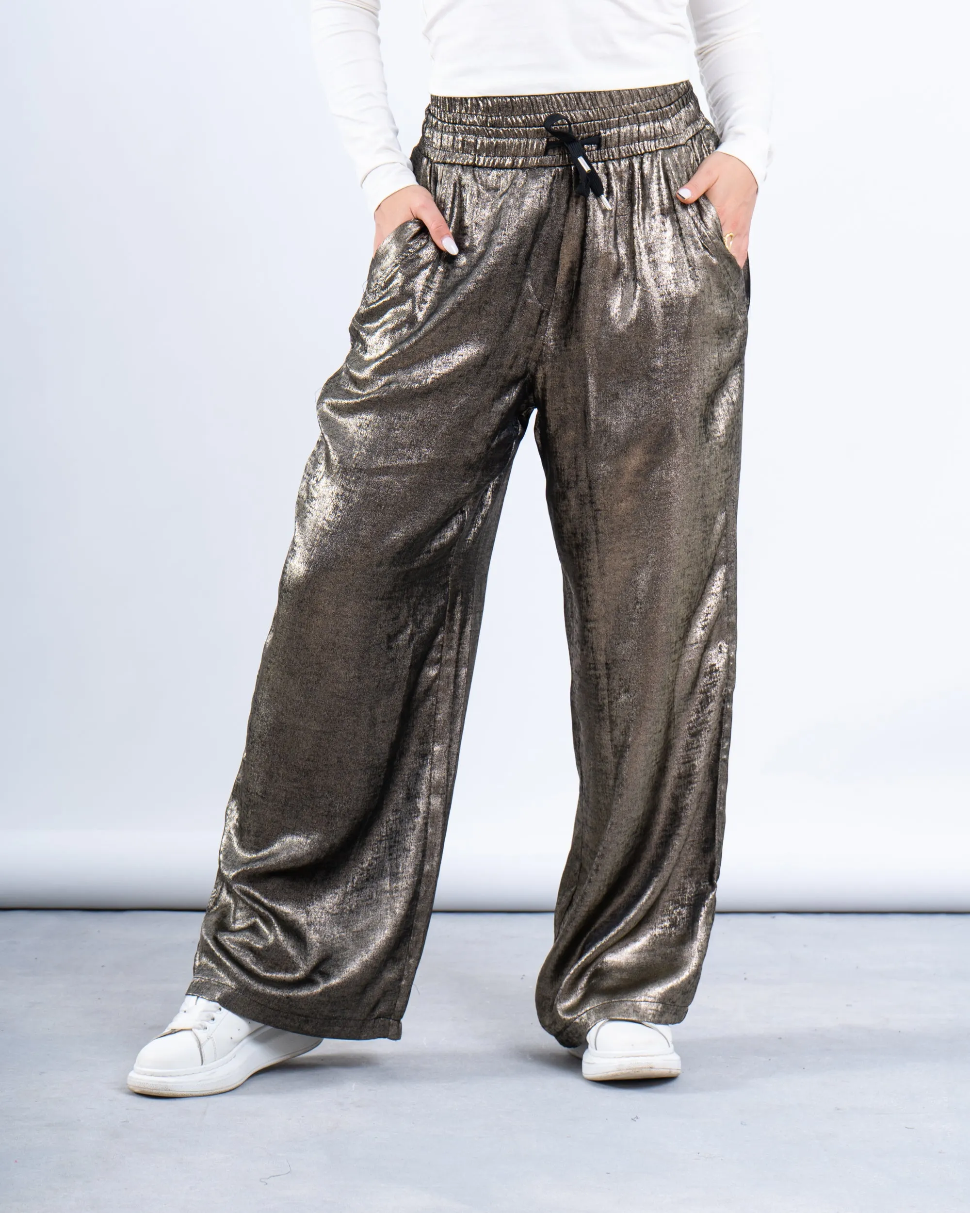 Metallic Double-Waist Wide-Leg Pants