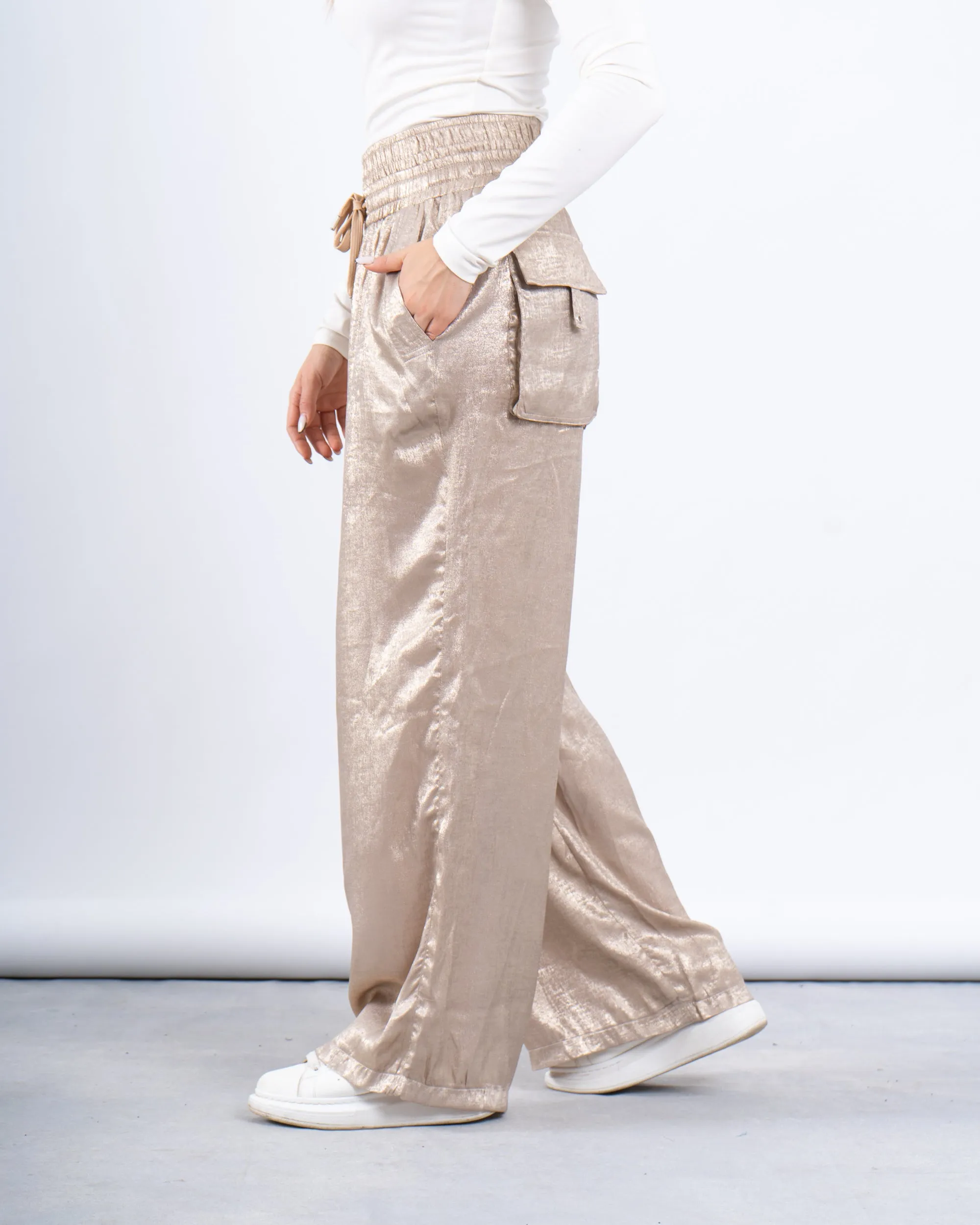 Metallic Double-Waist Wide-Leg Pants