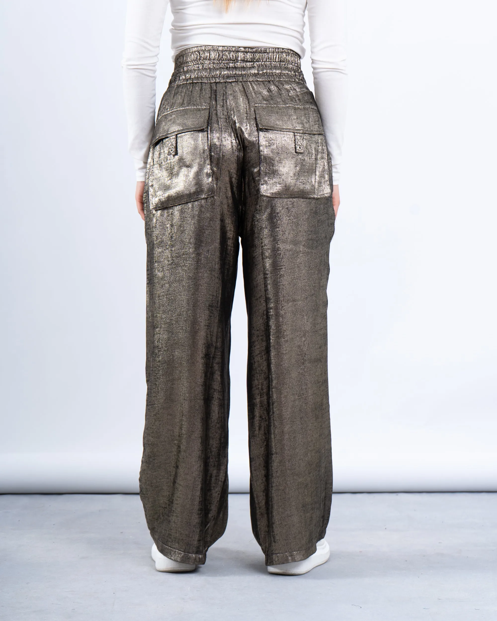 Metallic Double-Waist Wide-Leg Pants