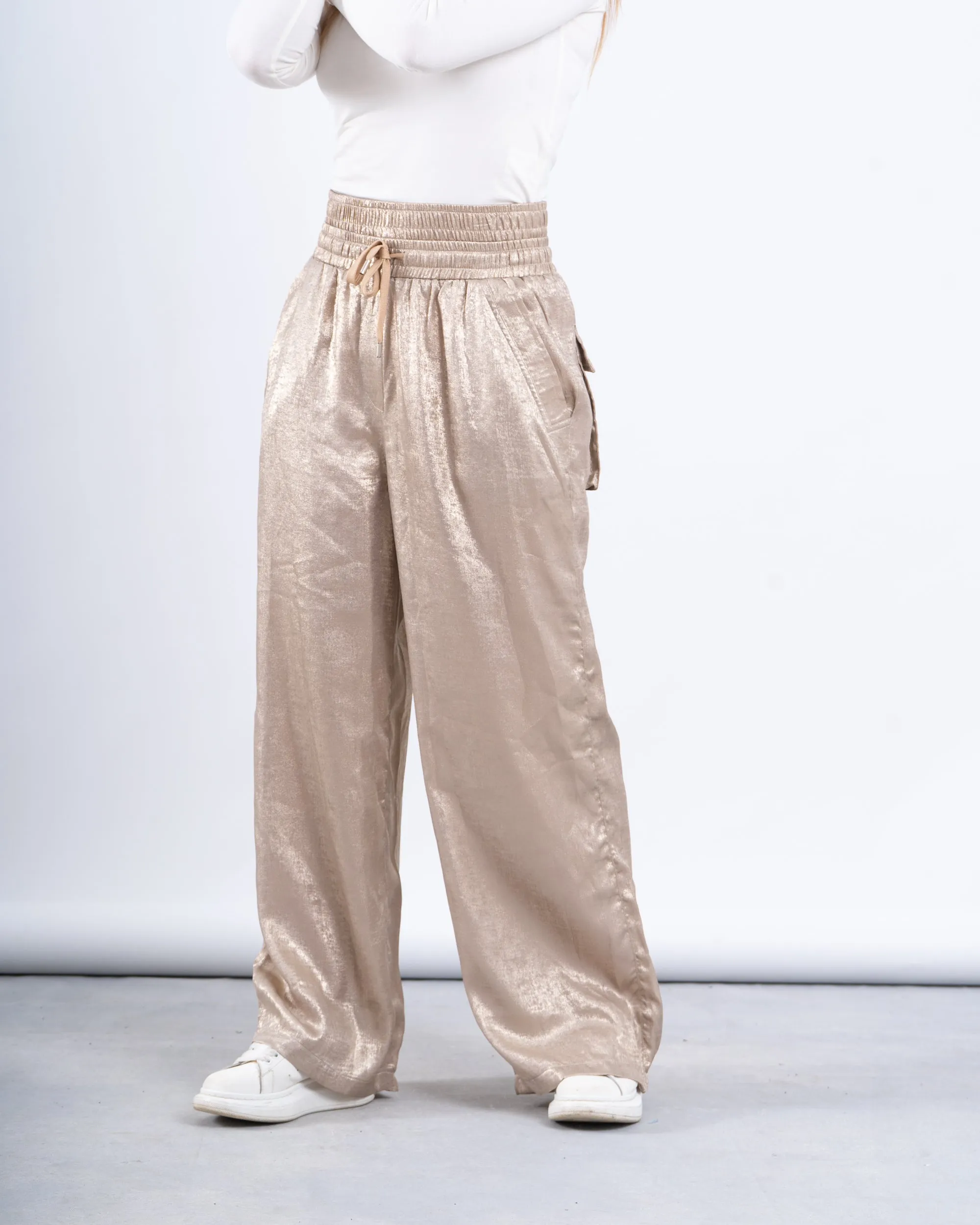 Metallic Double-Waist Wide-Leg Pants