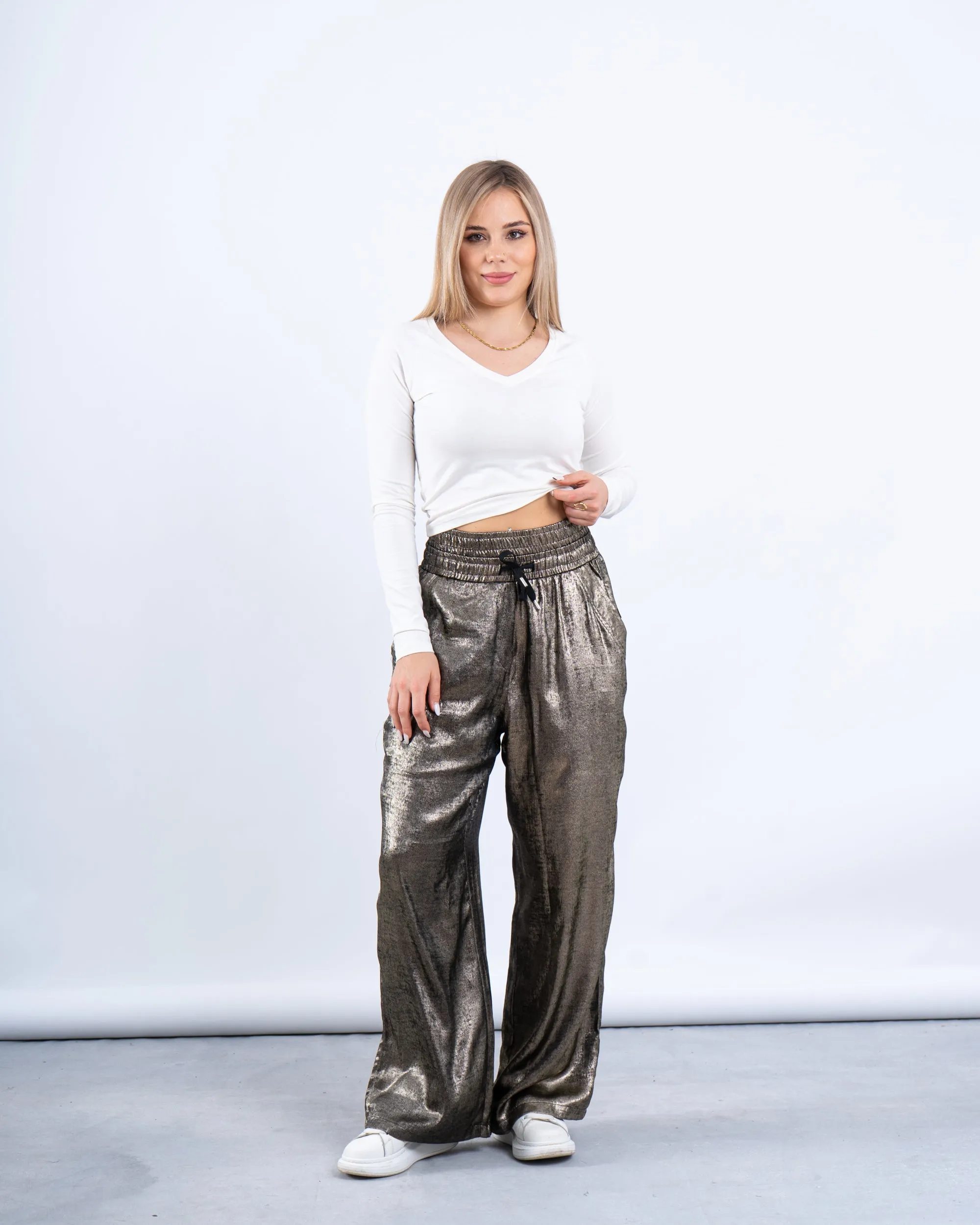 Metallic Double-Waist Wide-Leg Pants