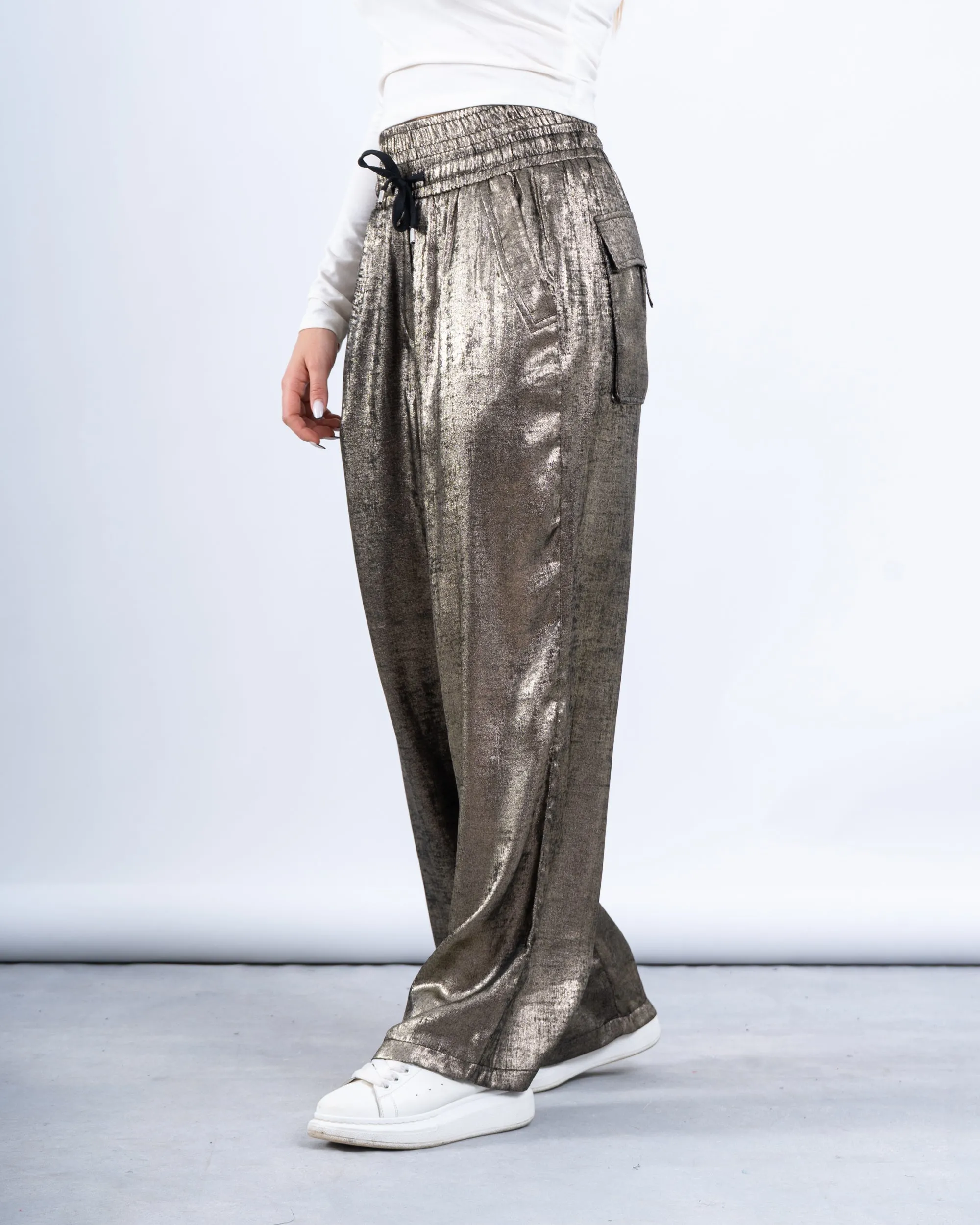 Metallic Double-Waist Wide-Leg Pants
