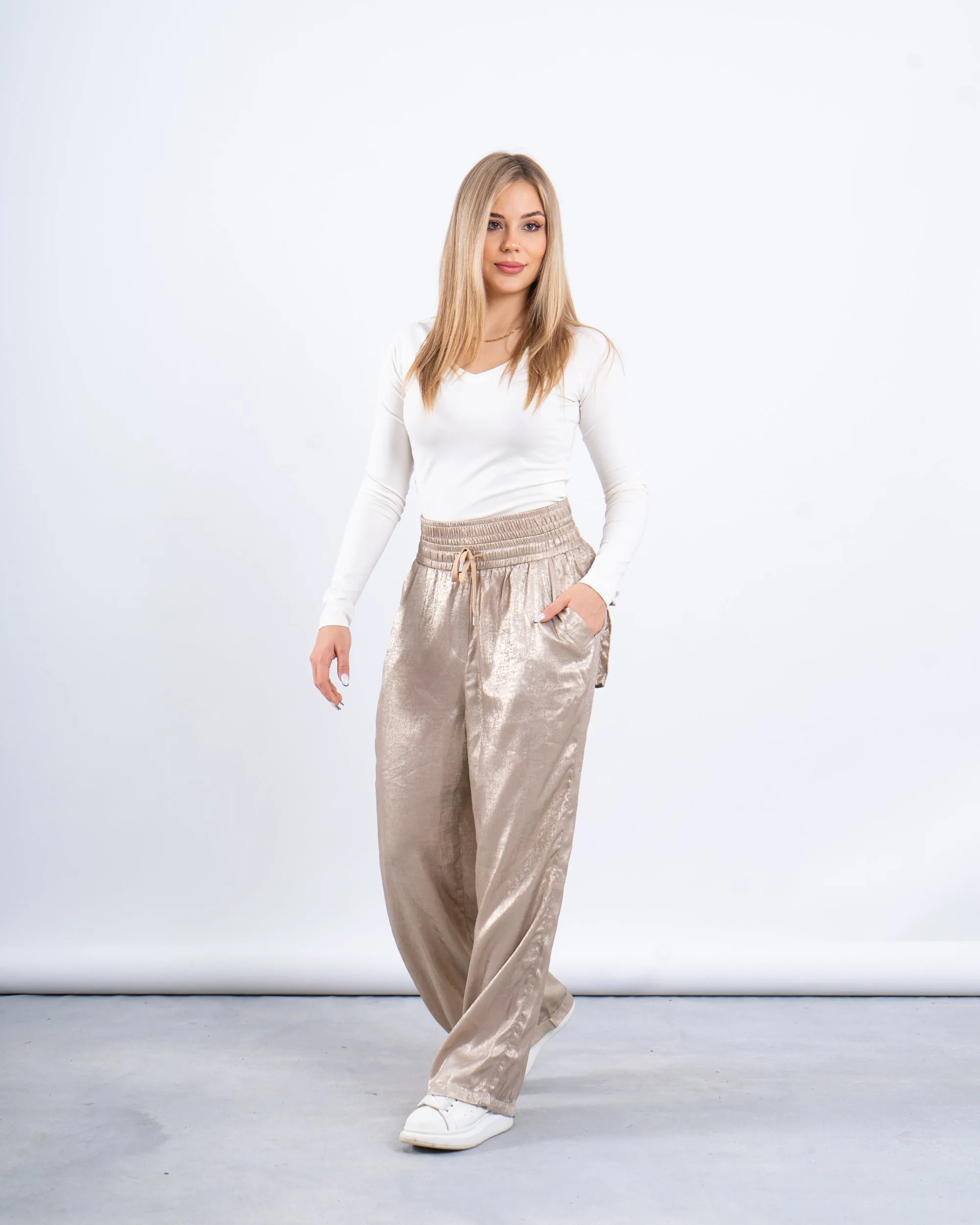 Metallic Double-Waist Wide-Leg Pants